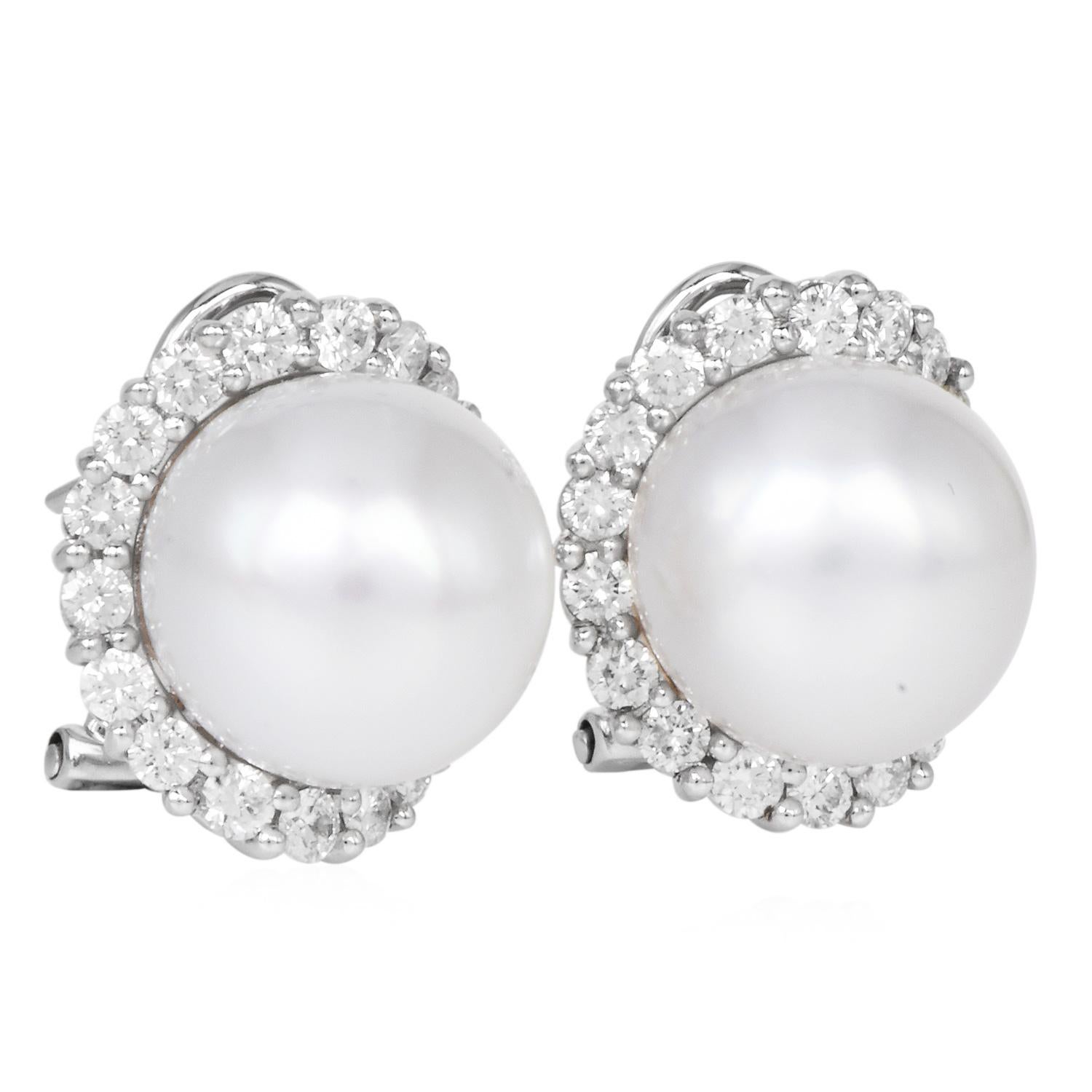 12mm Südseeperle Diamant 18K Weißgold Halo Ohrstecker im Angebot 1