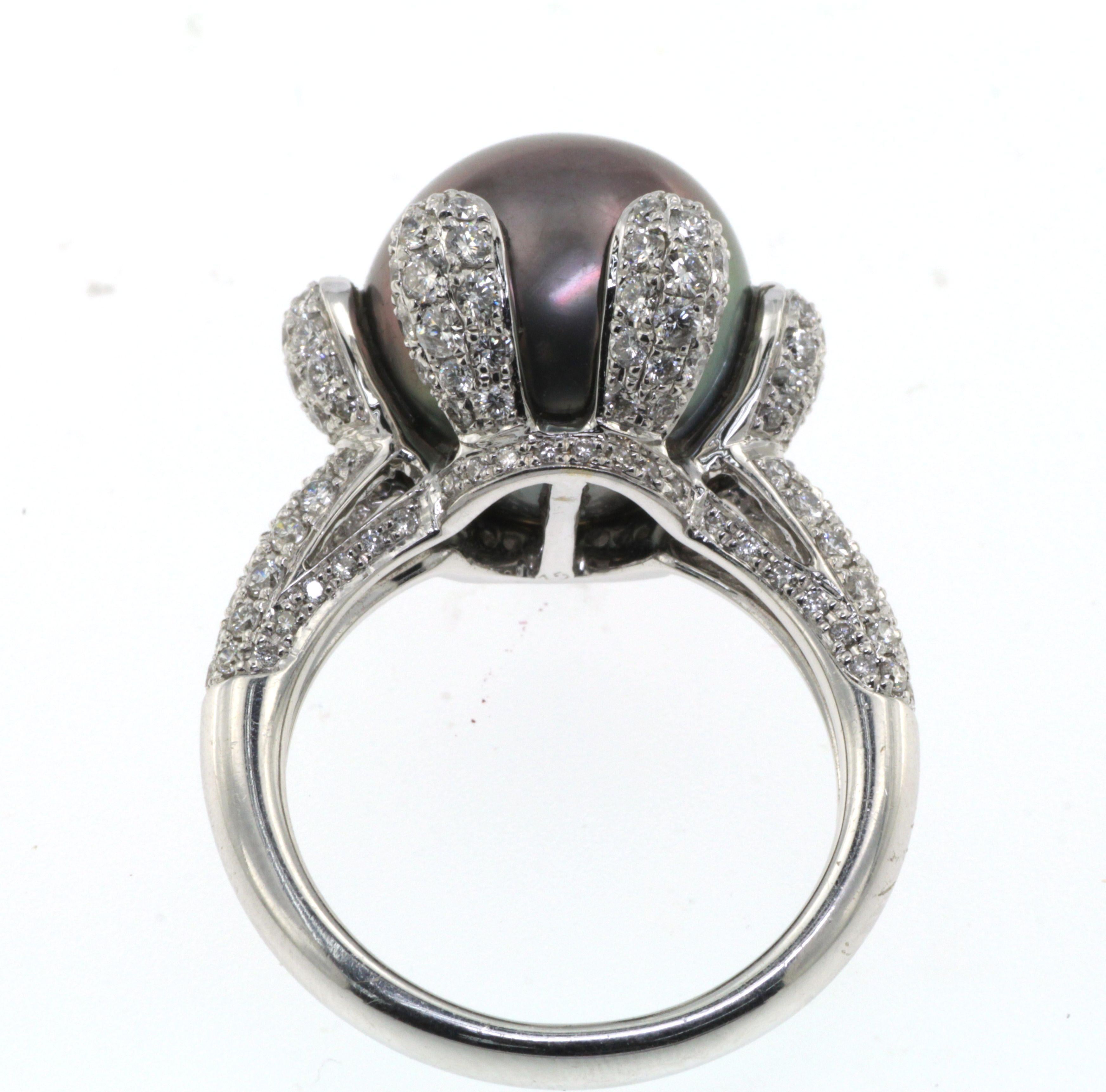 Contemporary Vintage 12MM Tahitian Black Pearl Diamond Ring in 18 Karat White Gold For Sale