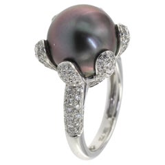Vintage 12MM Tahitian Black Pearl Diamond Ring in 18 Karat White Gold