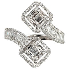1.2TCW Baguette Diamond Cluster Ring in 18K White Gold–Art Deco Pavé Bypass Band