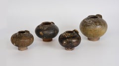12th-13th C, A Set of Antique Khmer Brown Glazed Pottery Lime Pot in Owl Shape