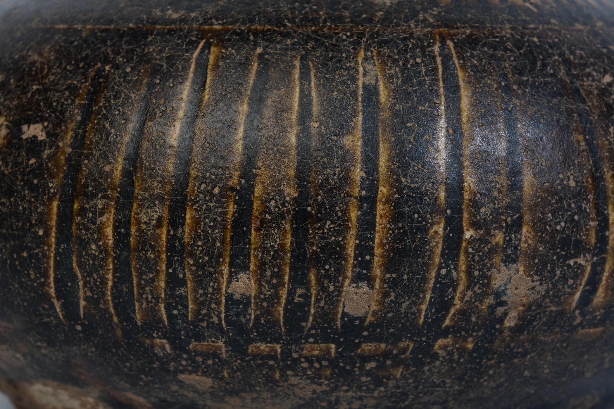 Cambodian 12th - 13th Century, Bayon, Antique Khmer Dark-Brown Glazed Pottery Honey Pot For Sale