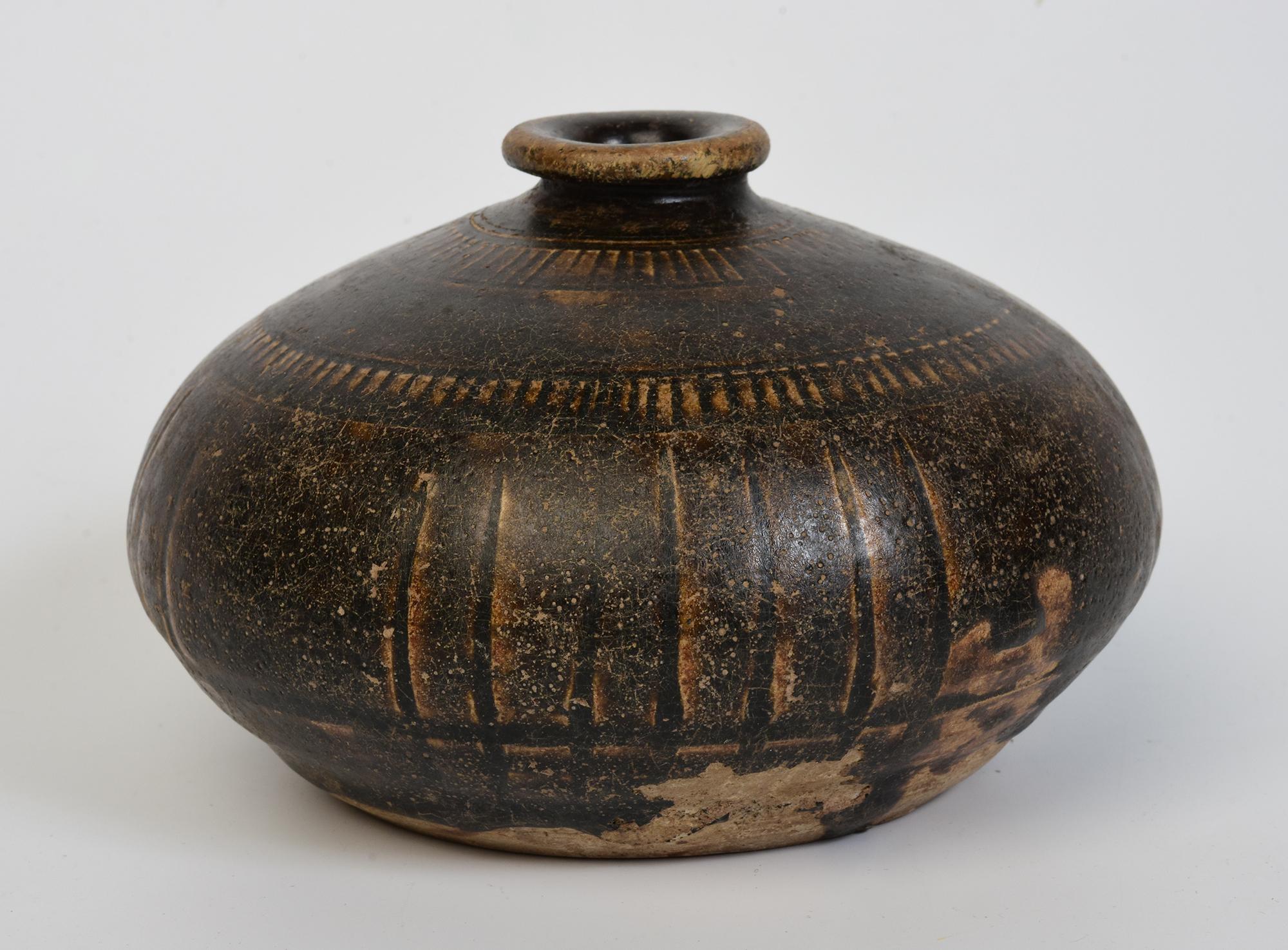 18th Century and Earlier 12th - 13th Century, Bayon, Antique Khmer Dark-Brown Glazed Pottery Honey Pot For Sale