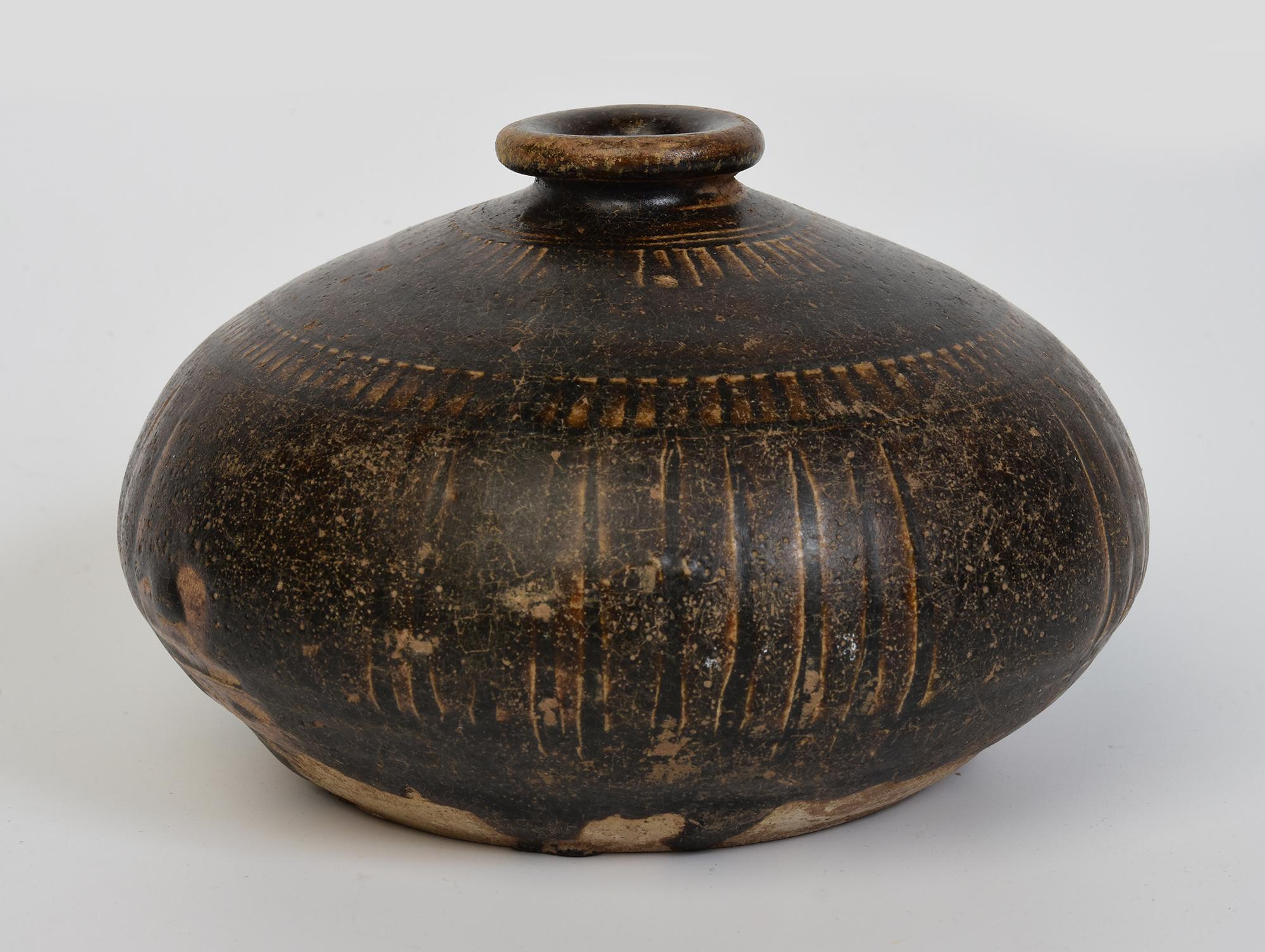 12th - 13th Century, Bayon, Antique Khmer Dark-Brown Glazed Pottery Honey Pot For Sale 1