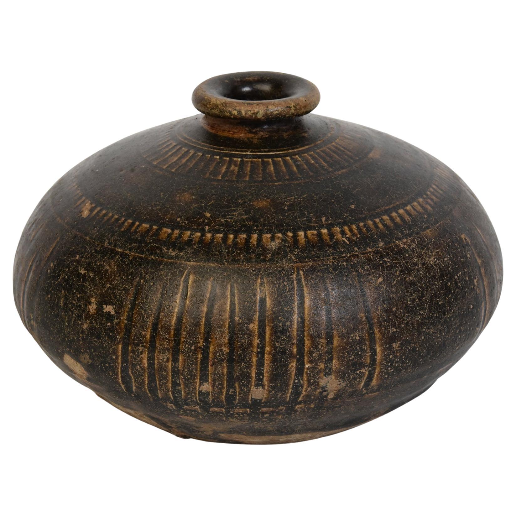 12th - 13th Century, Bayon, Antique Khmer Dark-Brown Glazed Pottery Honey Pot