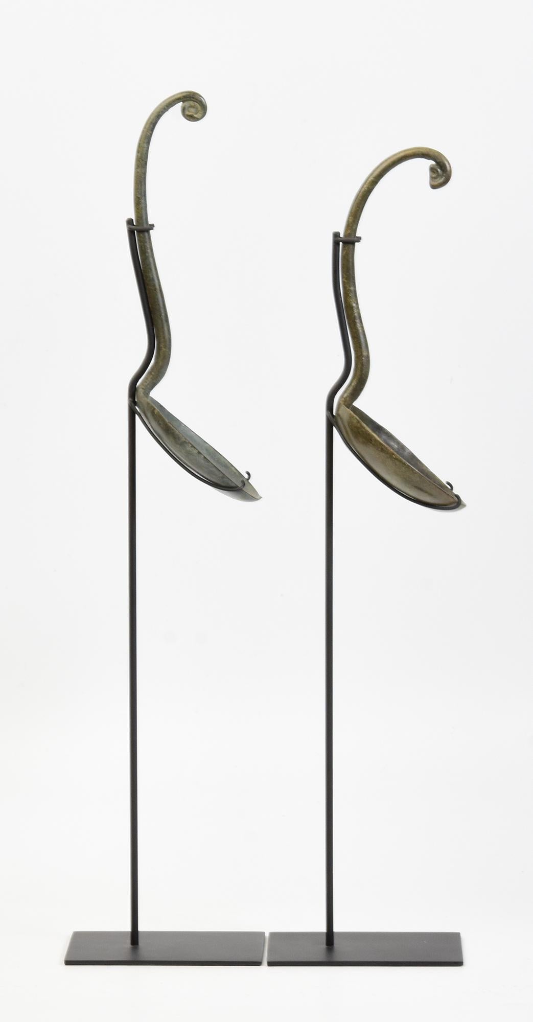 12th Century, A Pair of Antique Khmer Bronze Ritual Ladle Spoon for Holy Water For Sale 8