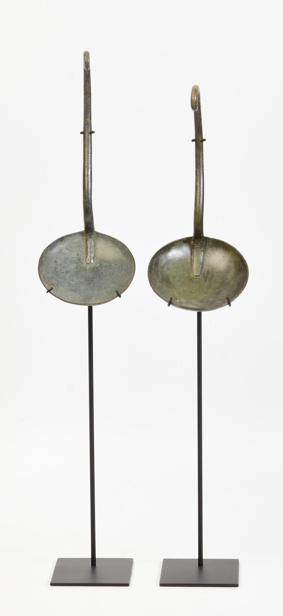 Cambodian 12th Century, A Pair of Antique Khmer Bronze Ritual Ladle Spoon for Holy Water For Sale