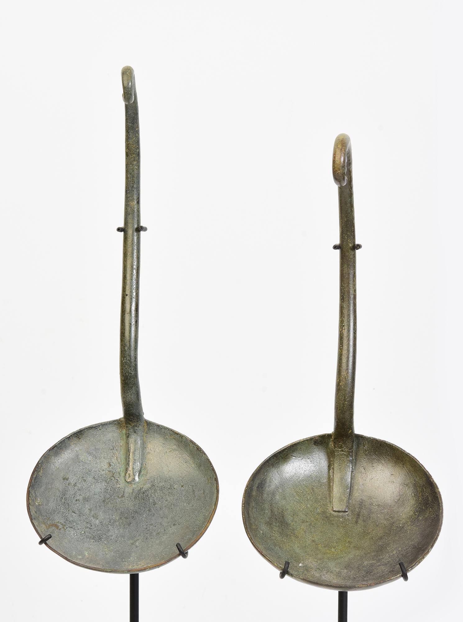 Metalwork 12th Century, A Pair of Antique Khmer Bronze Ritual Ladle Spoon for Holy Water For Sale