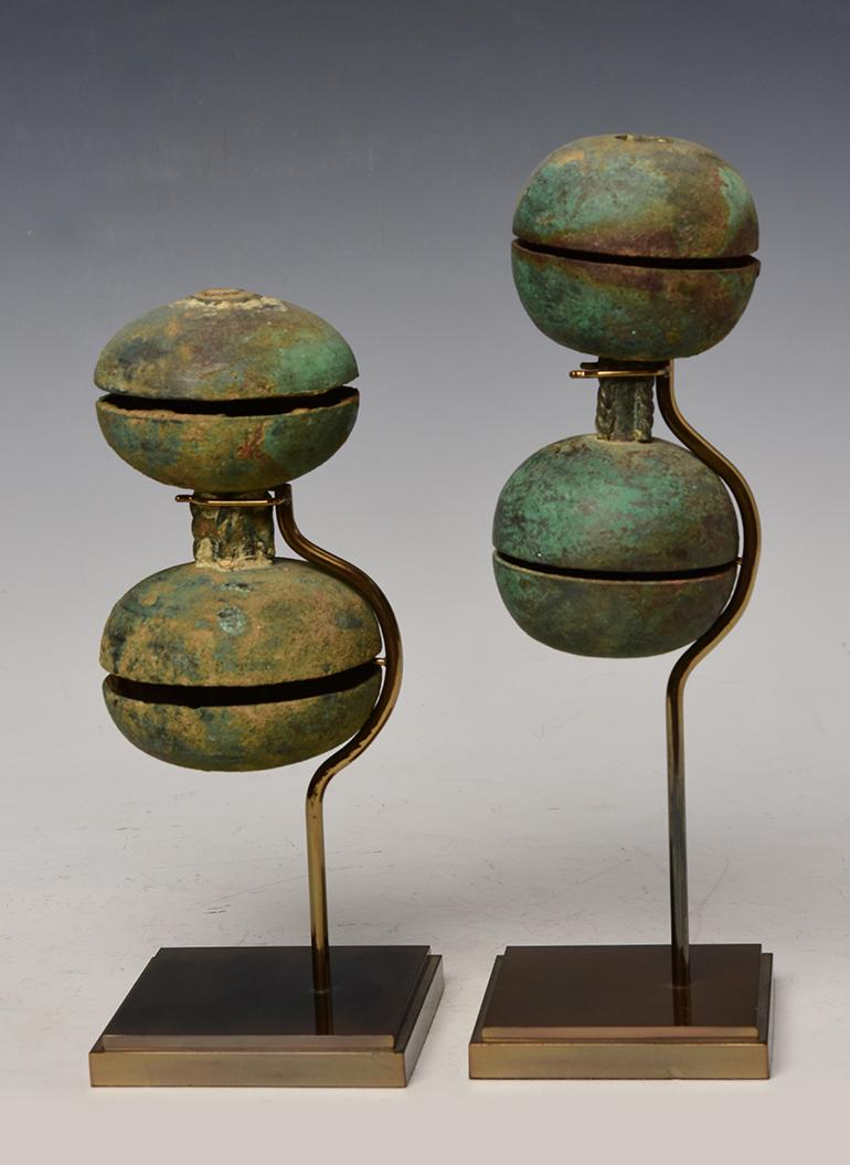 12th Century, Angkor Vat, A Pair of Antique Khmer Bronze Hand Bells with Stand For Sale 4
