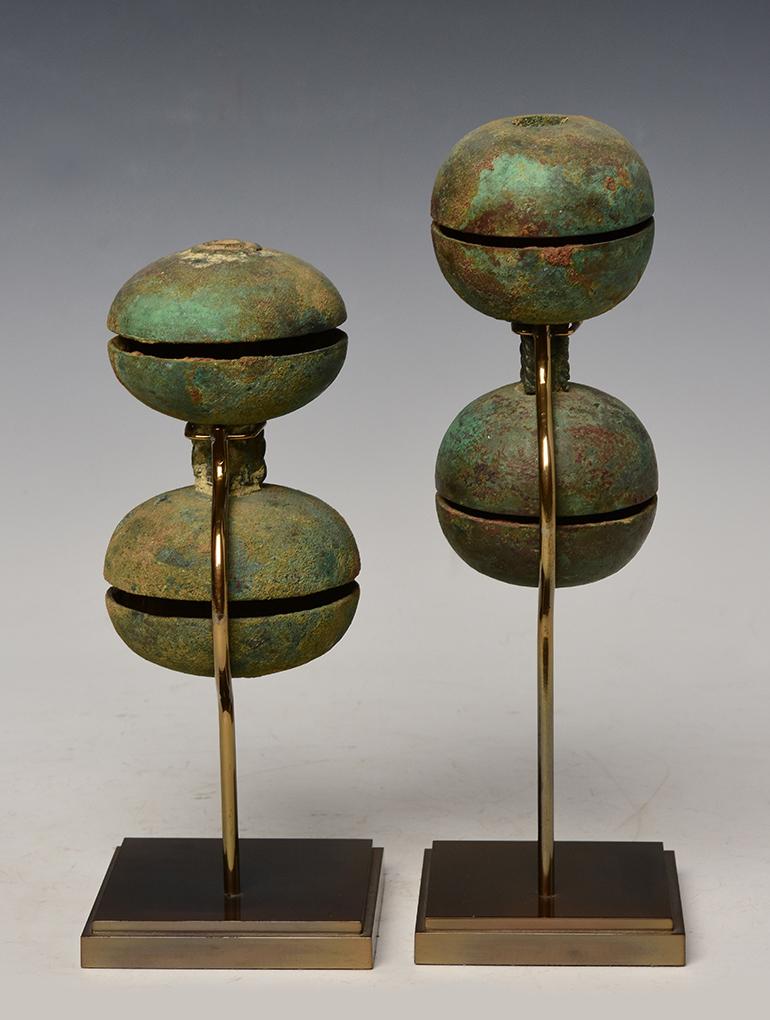 12th Century, Angkor Vat, A Pair of Antique Khmer Bronze Hand Bells with Stand For Sale 5