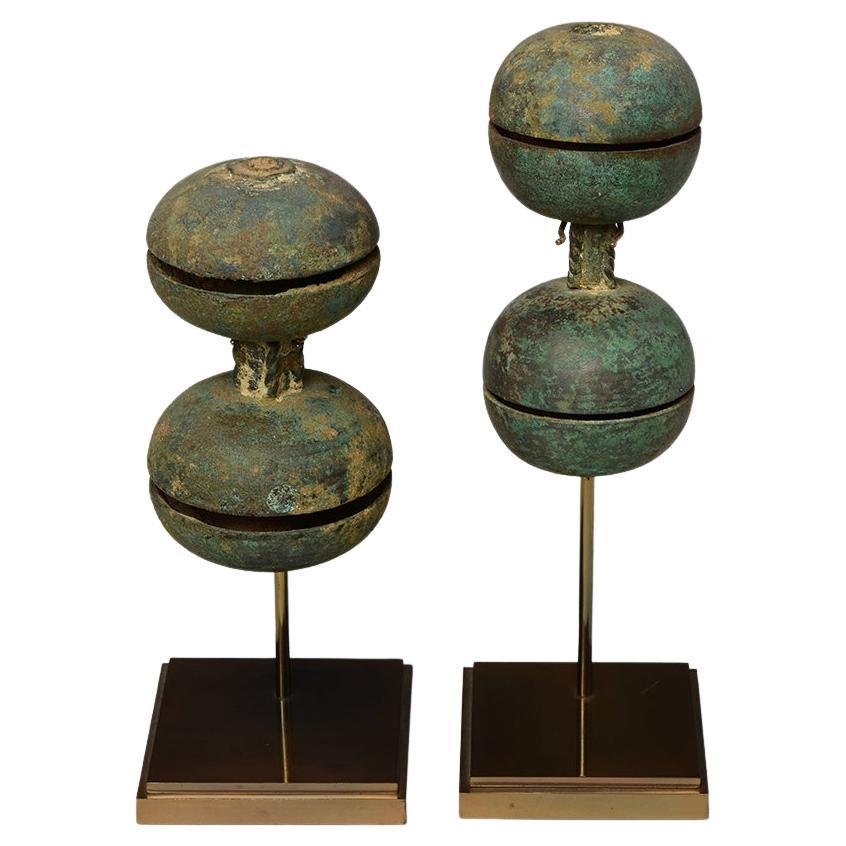 12th Century, Angkor Vat, A Pair of Antique Khmer Bronze Hand Bells with Stand