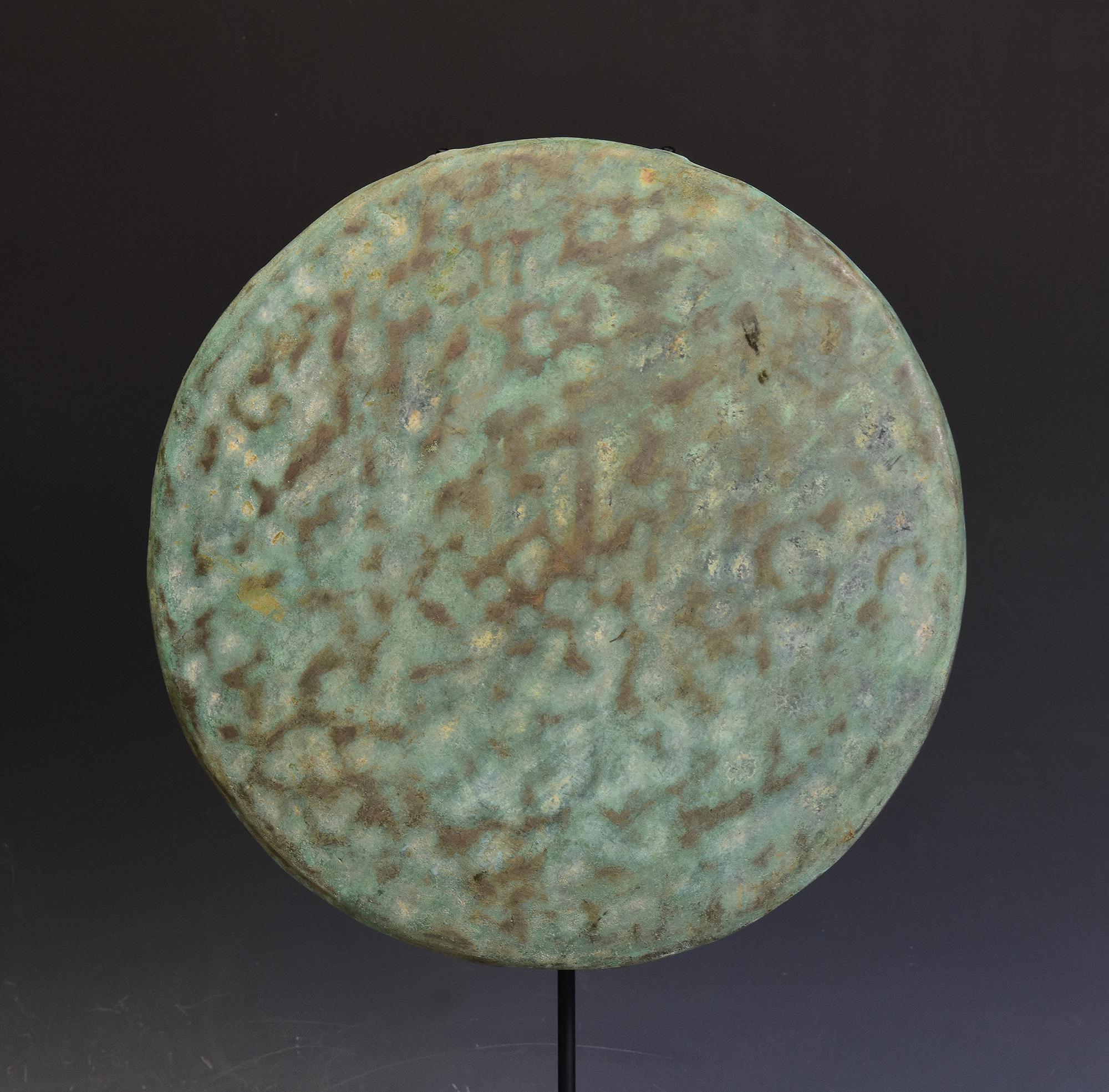 Cambodian 12th Century, Angkor Vat, Antique Khmer Bronze Gong with Stand For Sale