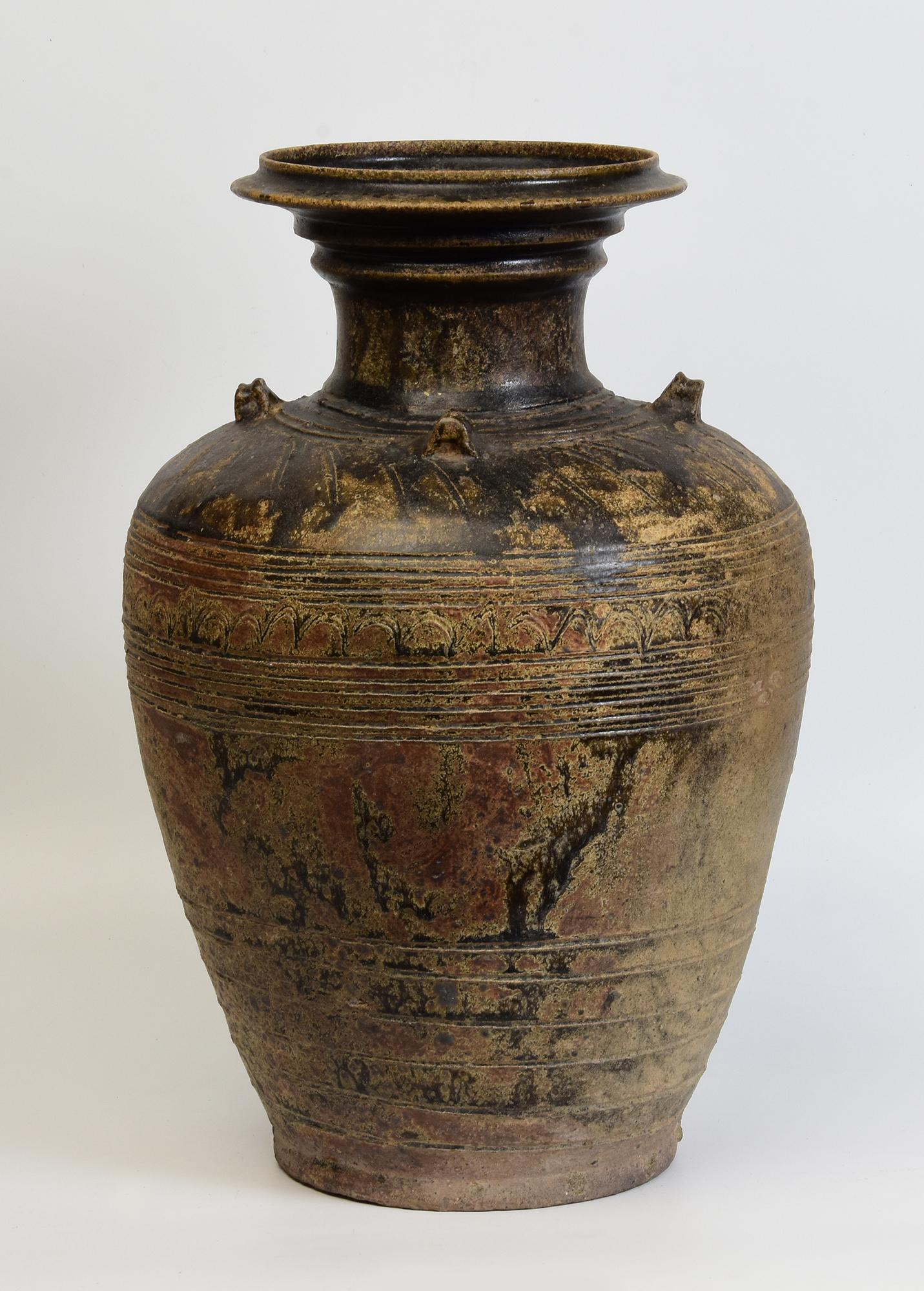12th Century, Angkor Vat, Antique Khmer Dark-Brown Glazed Pottery Jar For Sale 1