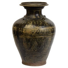 12th Century, Angkor Vat, Antique Khmer Dark-Brown Glazed Pottery Jar