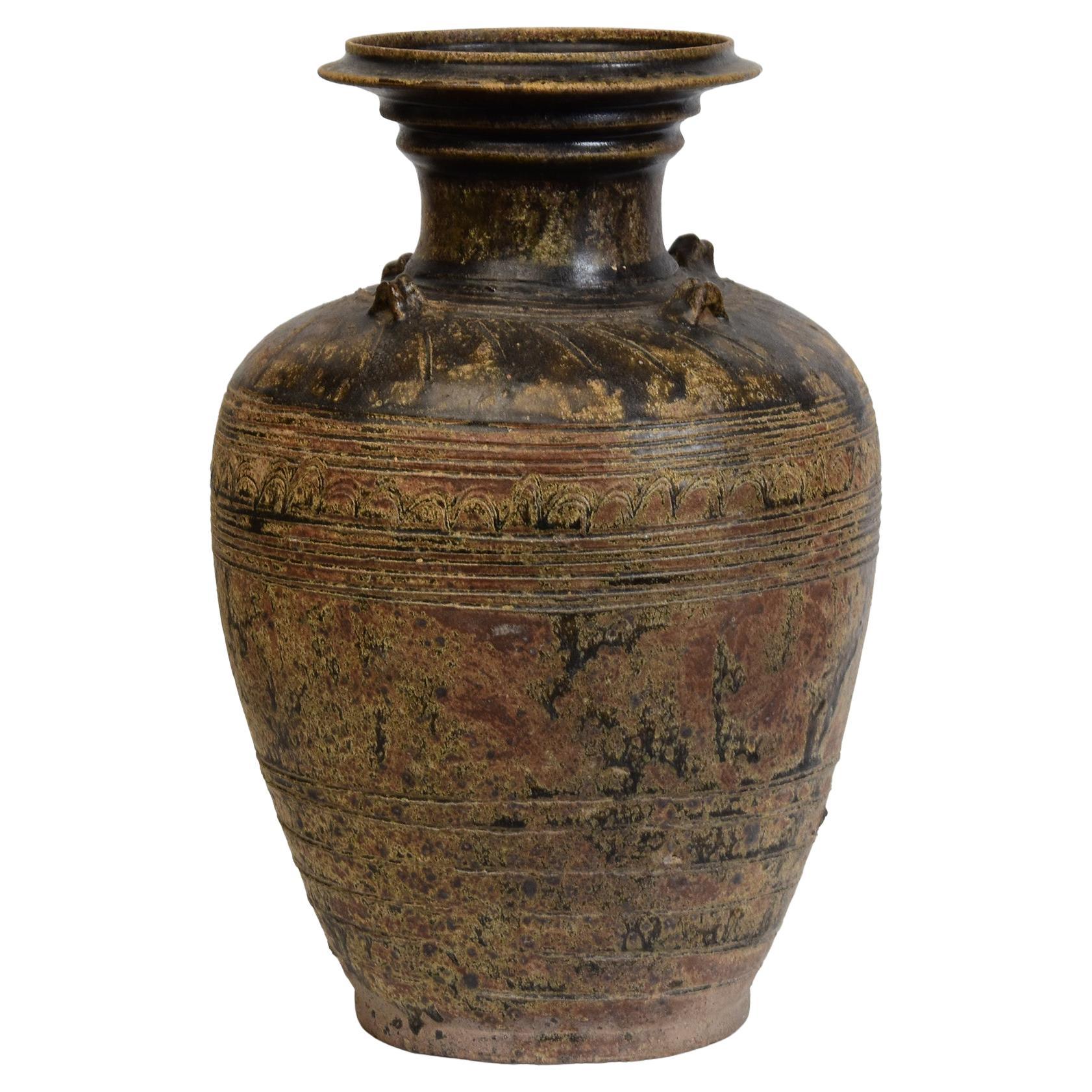 12th Century, Angkor Vat, Antique Khmer Dark-Brown Glazed Pottery Jar