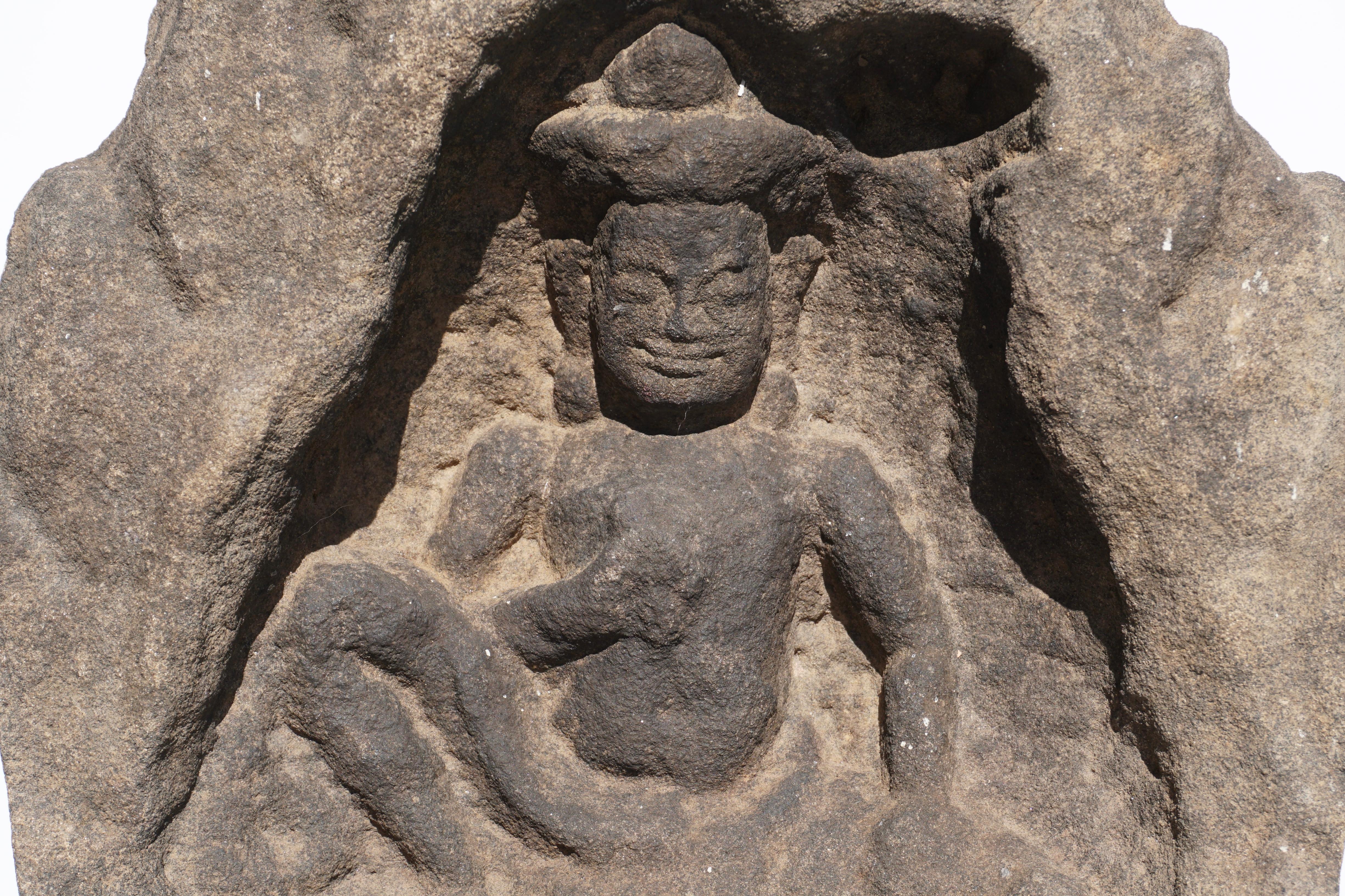 Archaistic 12th Century Khmer Sandstone Bhudda Shrine Schist 