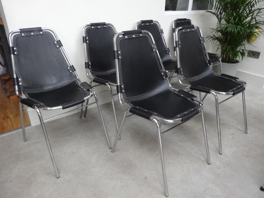 Mid-Century Modern 12x Black Leather Charlotte Perriand for Les Arcs Ski Resort Dining Chairs For Sale