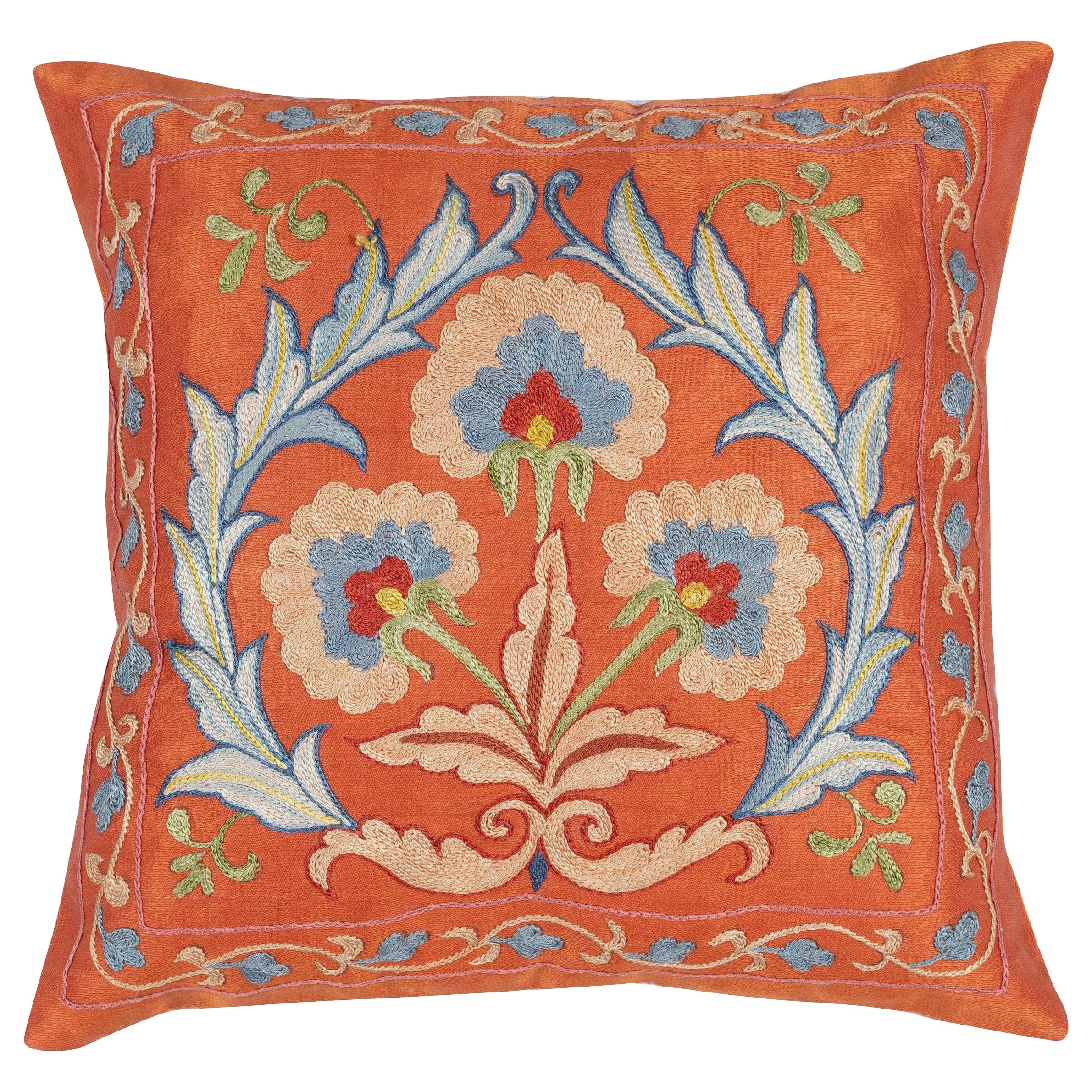 12"x12" 100% Silk Cushion Cover. Suzani Accent Pillow. Embroidered Throw Pillow For Sale