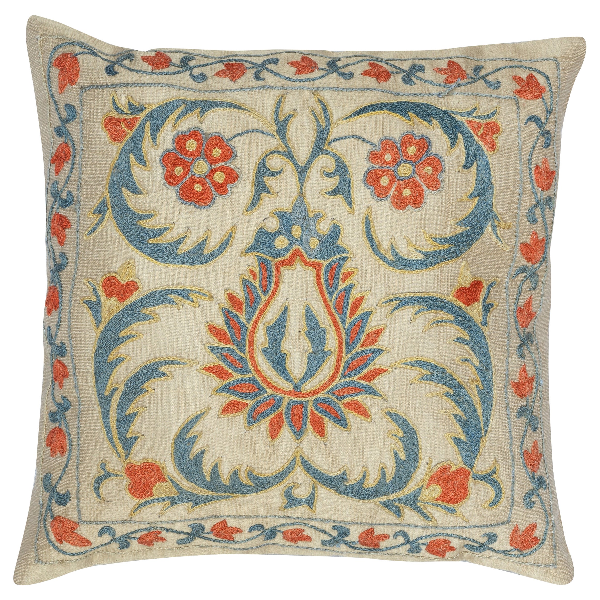 12"x12" 100% Silk Cushion Cover. Suzani Accent Pillow. Embroidered Throw Pillow