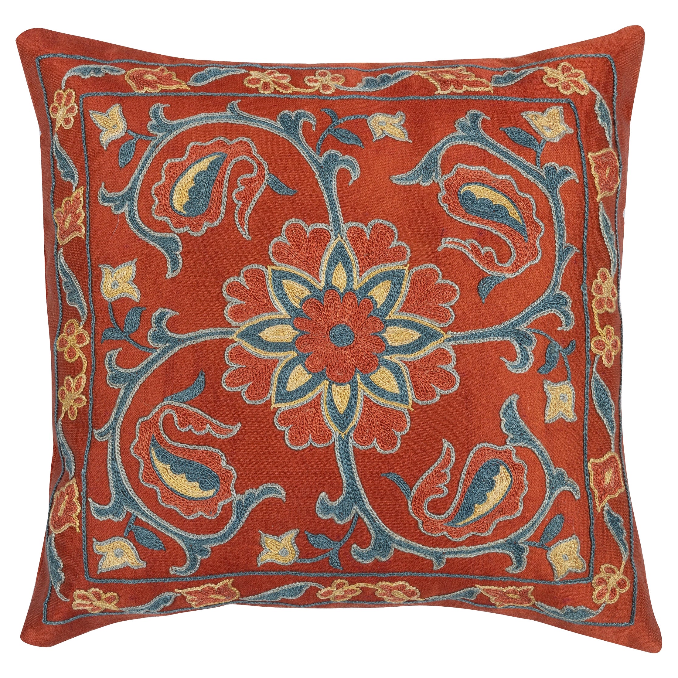 12"x12" All Silk Cushion Cover. Traditional Embroidered Accent Pillow