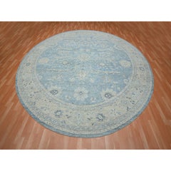 12'x12' Aquamarine Blue 100% Wool Sickle Leaf Design Hand Knotted Round Rug