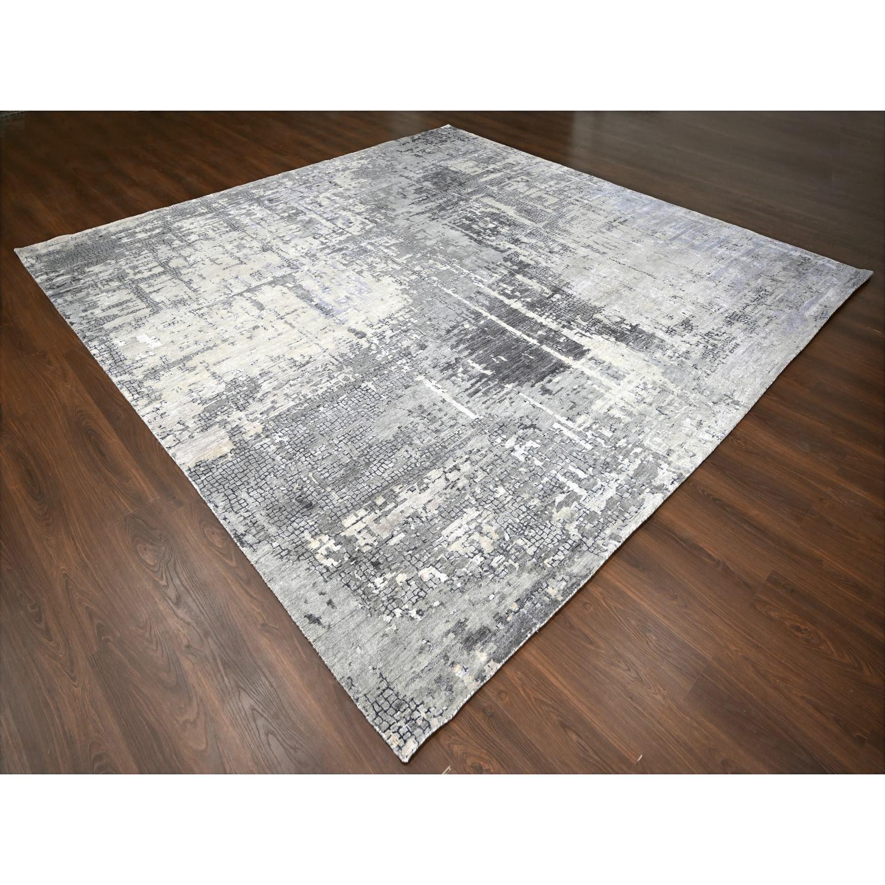 12'x12' Battleship Grauer handgeknüpfter quadratischer Teppich aus Wolle und Seide mit abstraktem Design (Moderne) im Angebot