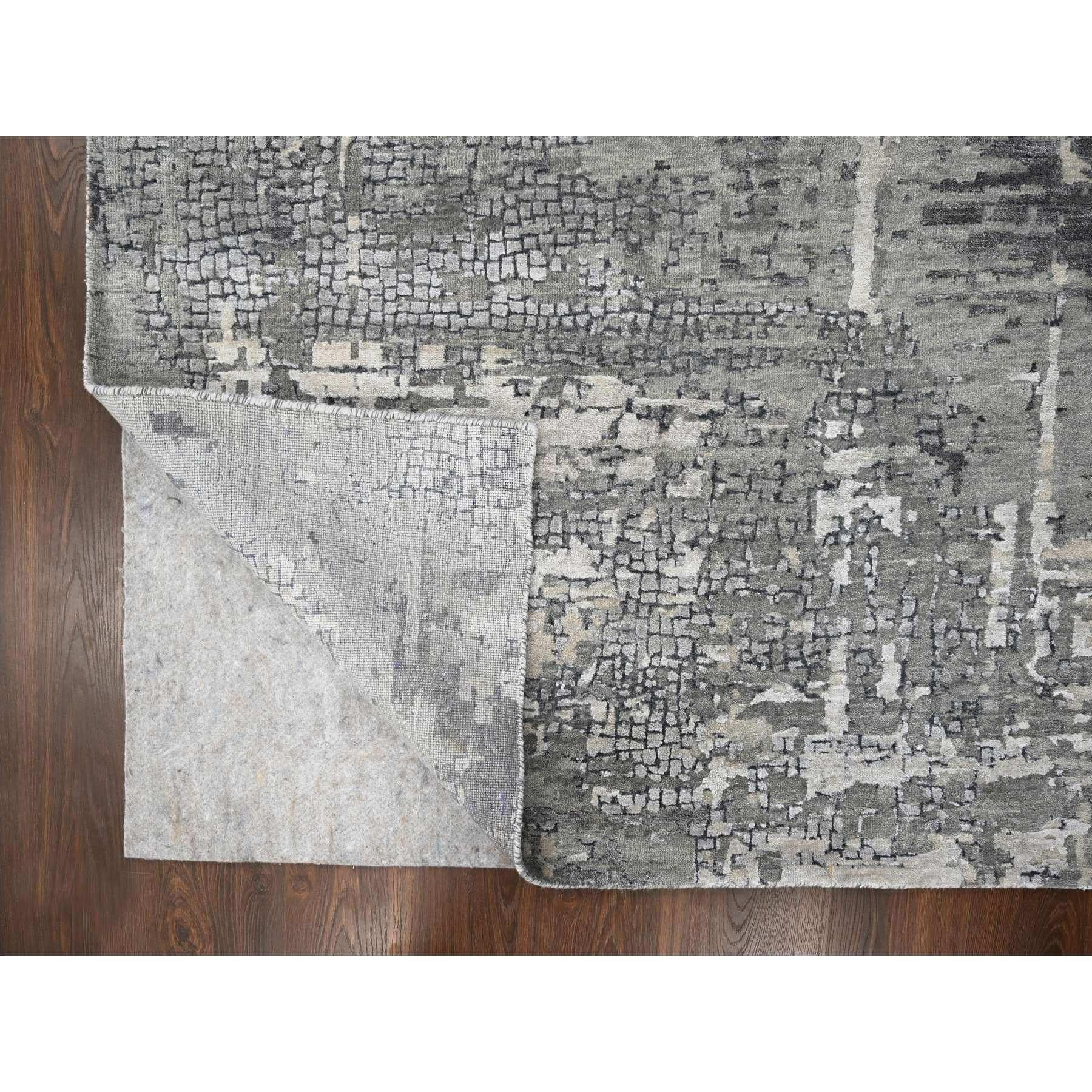 12'x12' Battleship Grauer handgeknüpfter quadratischer Teppich aus Wolle und Seide mit abstraktem Design (Indisch) im Angebot