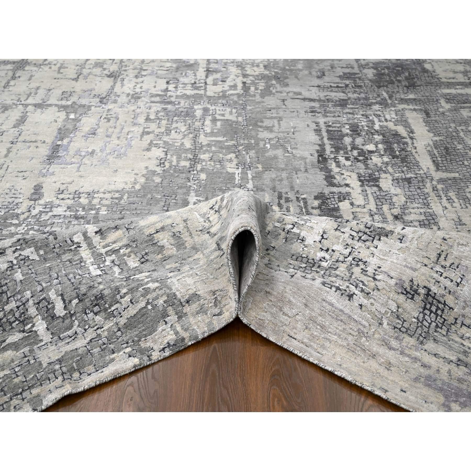 12'x12' Battleship Grauer handgeknüpfter quadratischer Teppich aus Wolle und Seide mit abstraktem Design (Handgeknüpft) im Angebot