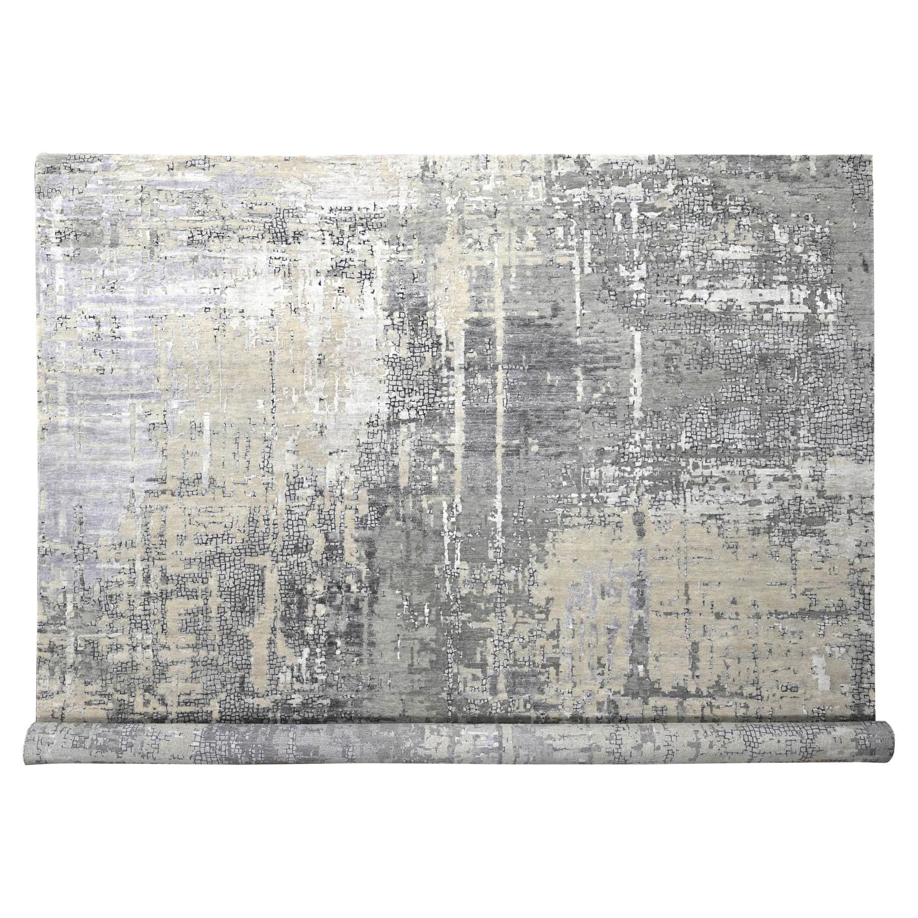 12'x12' Battleship Grauer handgeknüpfter quadratischer Teppich aus Wolle und Seide mit abstraktem Design
