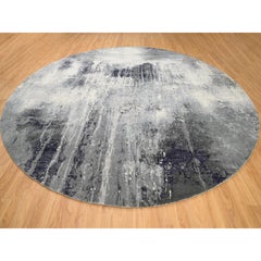 12'x12' Black Abstract Design Wool-Silk Hand Knotted Oriental Round Rug