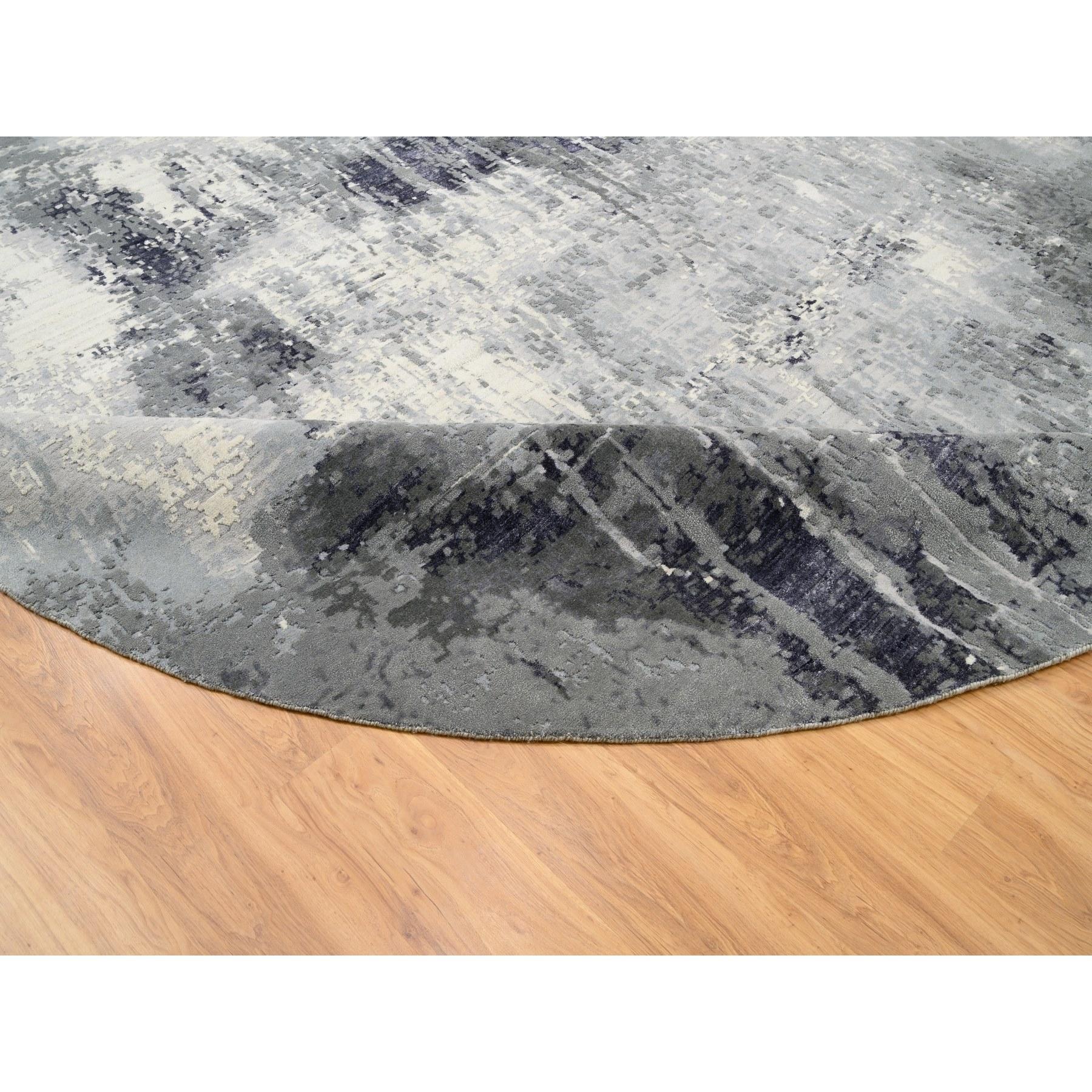 12'x12' Alfombra redonda oriental anudada a mano de lana y seda con diseño abstracto negro Siglo XXI y contemporáneo en venta