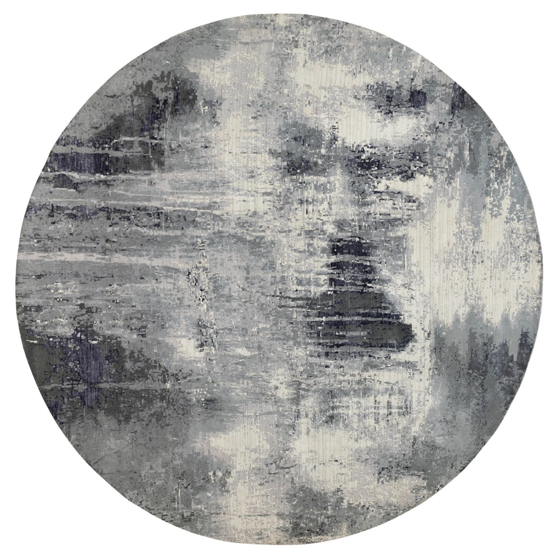 12'x12' Black Abstract Design Wool-Silk Hand Knotted Oriental Round Rug