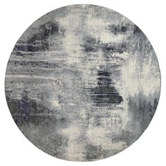 12'x12' Black Abstract Design Wool-Silk Hand Knotted Oriental Round Rug