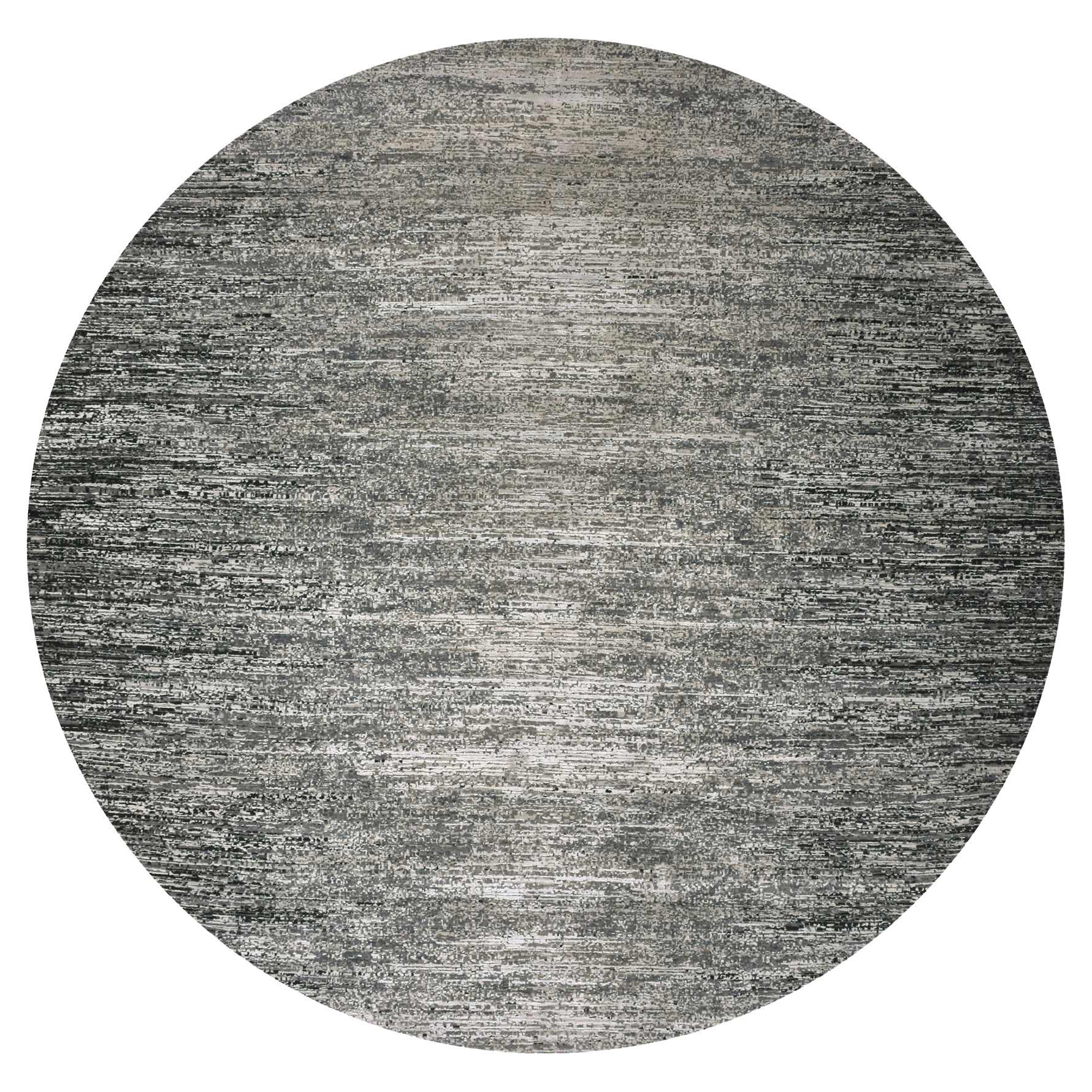 12'x12' Black Modern Striae Design Soft Pile Wool & Silk Hand Knotted Round Rug