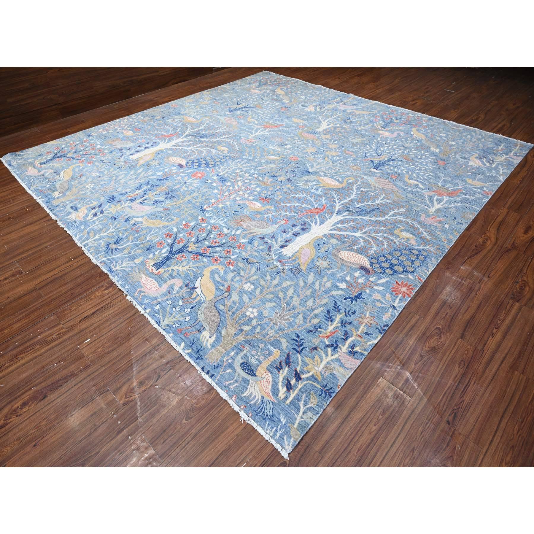 12'x12' Blauer handgeknüpfter quadratischer afghanischer Peshawar-Teppich aus Wolle mit Paradiesvogeln (Oushak) im Angebot