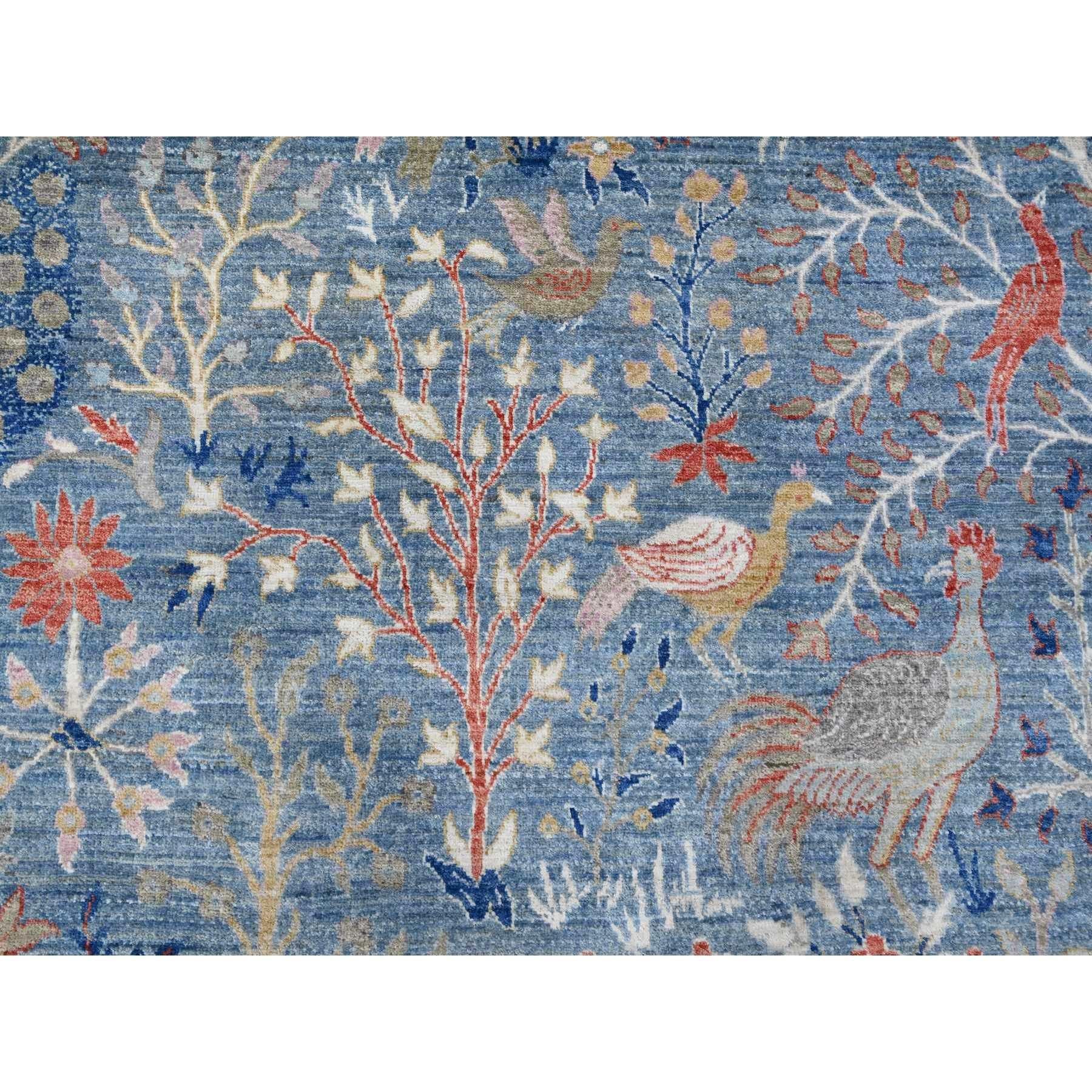 12'x12' Blauer handgeknüpfter quadratischer afghanischer Peshawar-Teppich aus Wolle mit Paradiesvogeln im Angebot 1