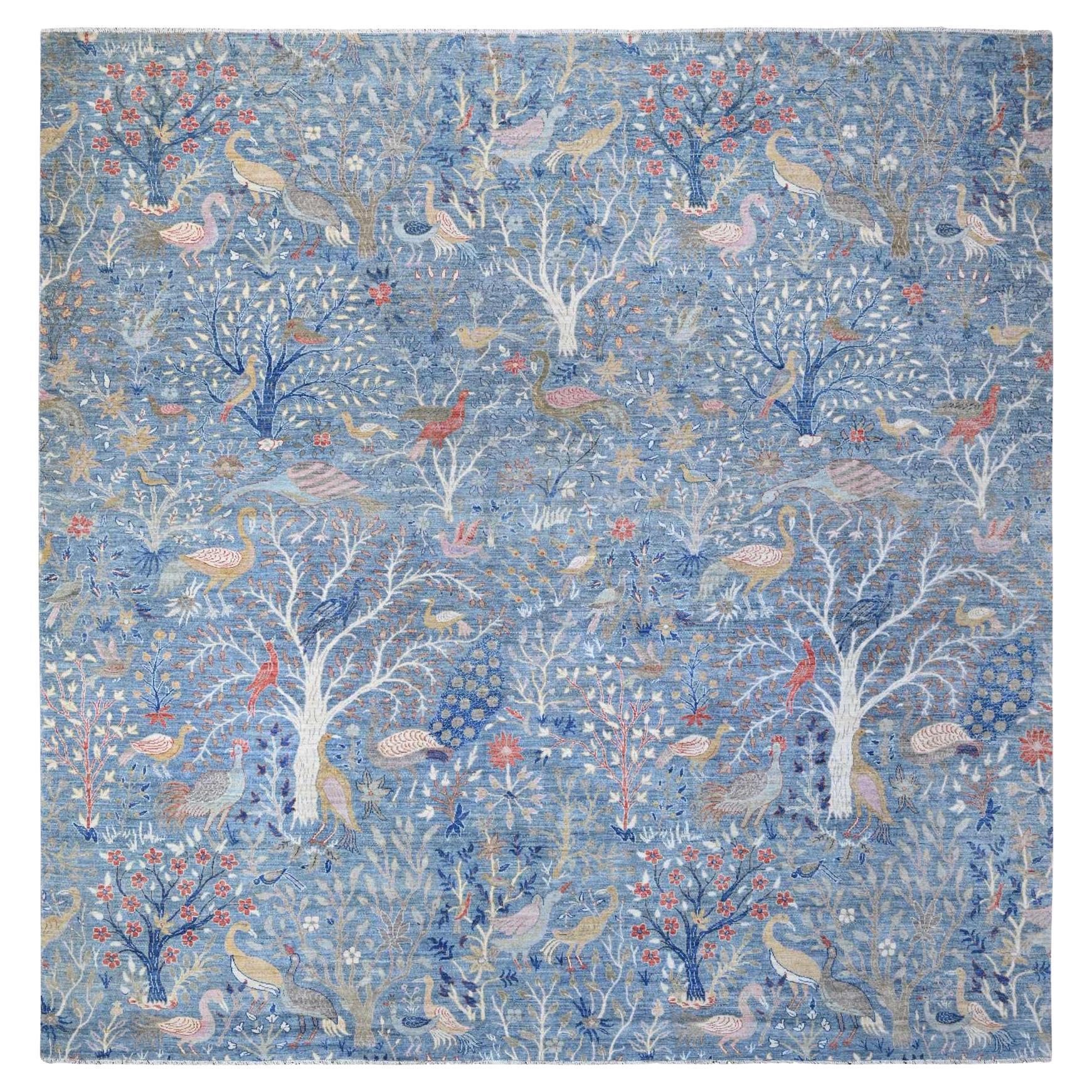 12'x12' Blue Afghan Peshawar Birds of Paradise Wool Hand Knotted Square Rug