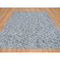 12'x12' Blue and Ivory, Pure Wool Hand Loomed Modern Striae Design Square Rug