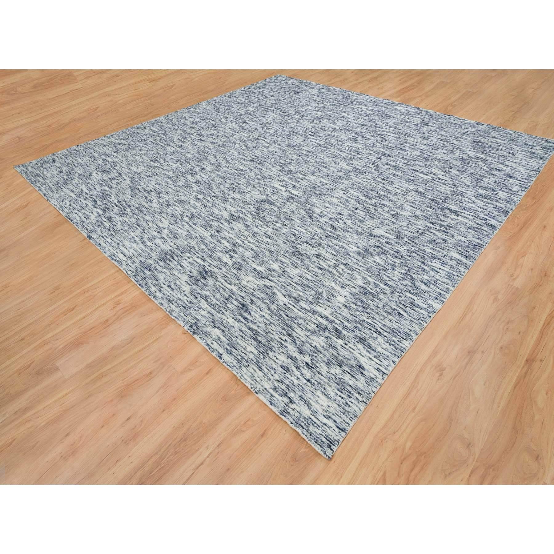 12'x12' Blauer und elfenbeinfarbener, handgewebter Teppich aus reiner Wolle Modern Striae Design Square Rug (Moderne) im Angebot
