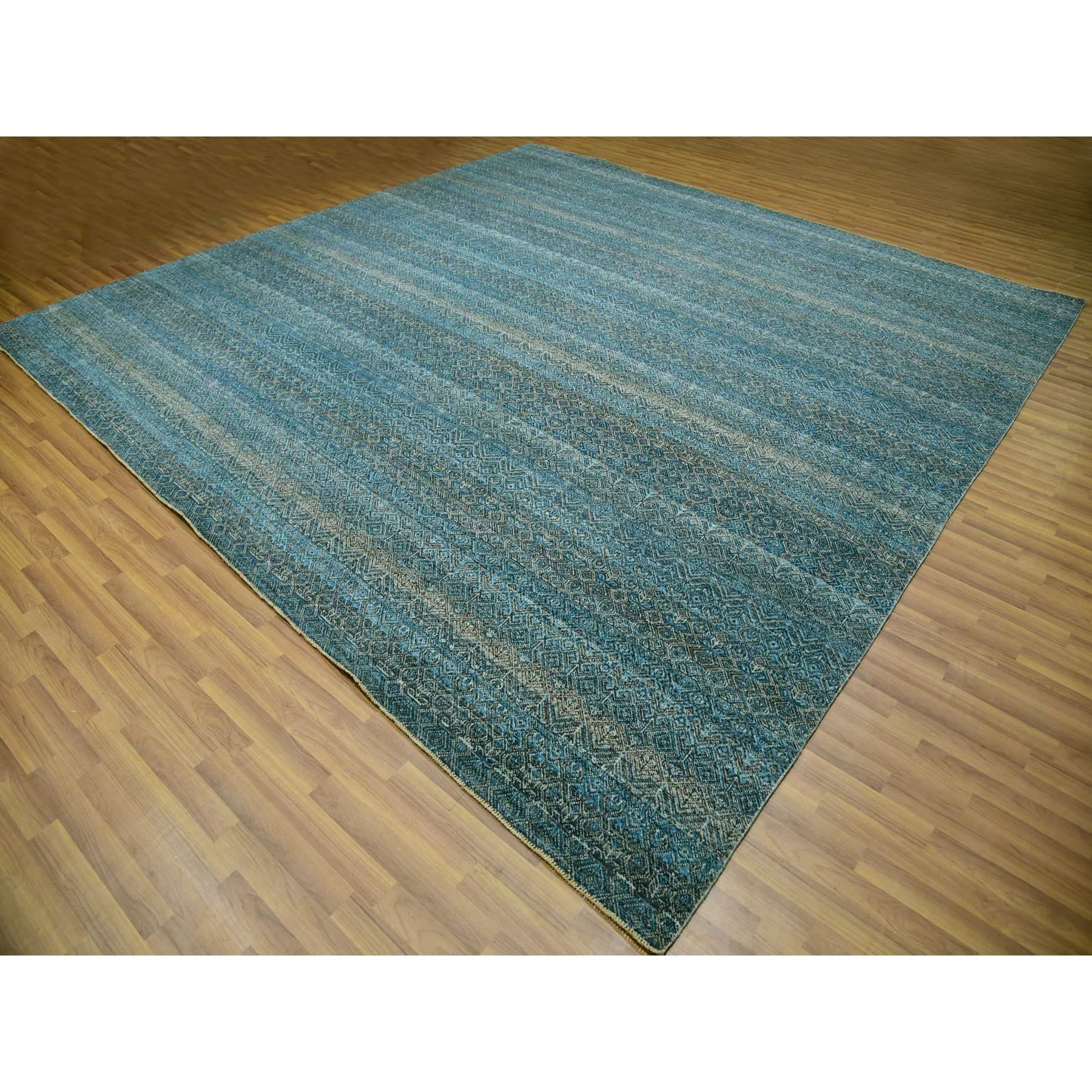 Moderno 12'x12' Blue Hand Knotted Kohinoor Repetitive Diamond Wool XL Square Rug in vendita