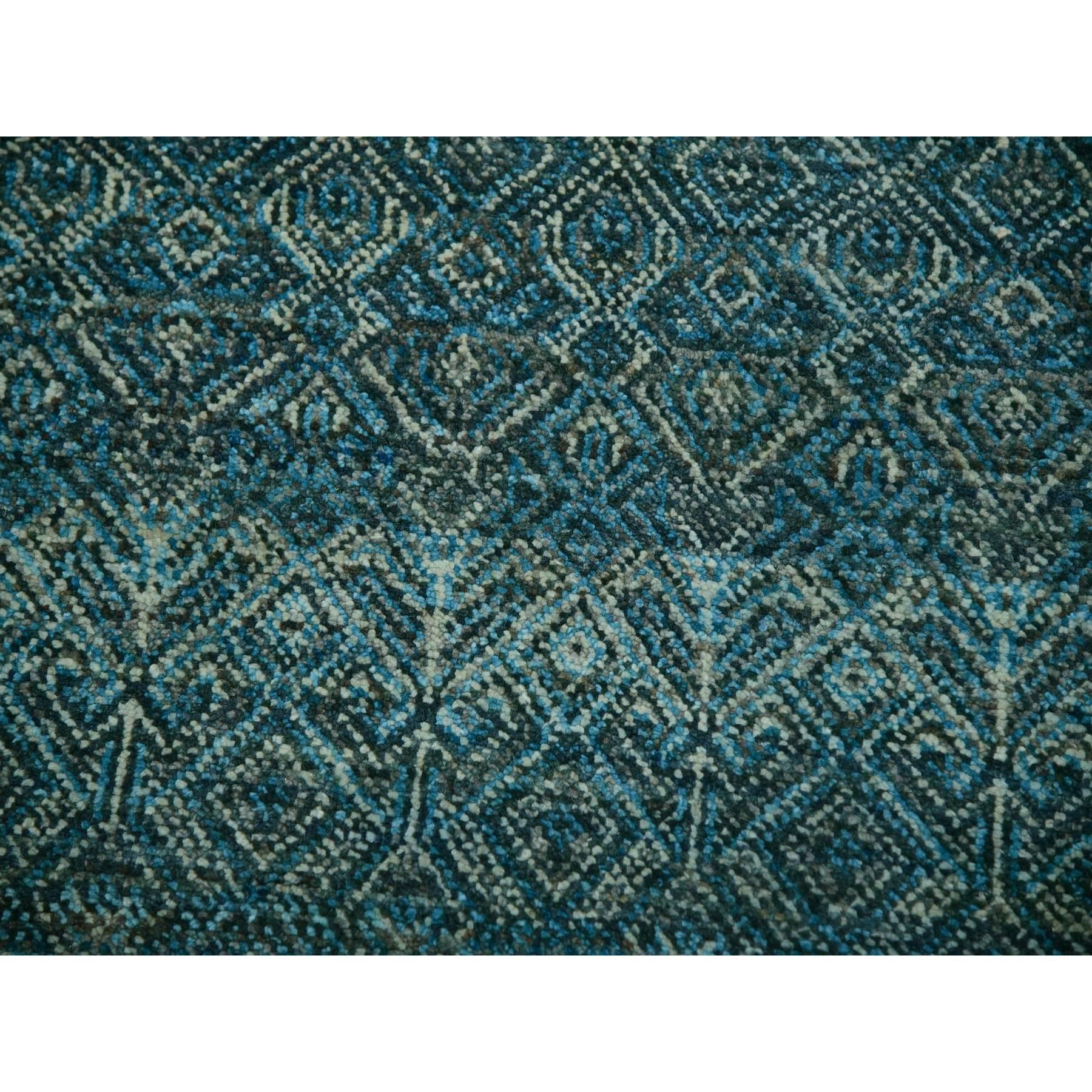 Lana 12'x12' Blue Hand Knotted Kohinoor Repetitive Diamond Wool XL Square Rug in vendita