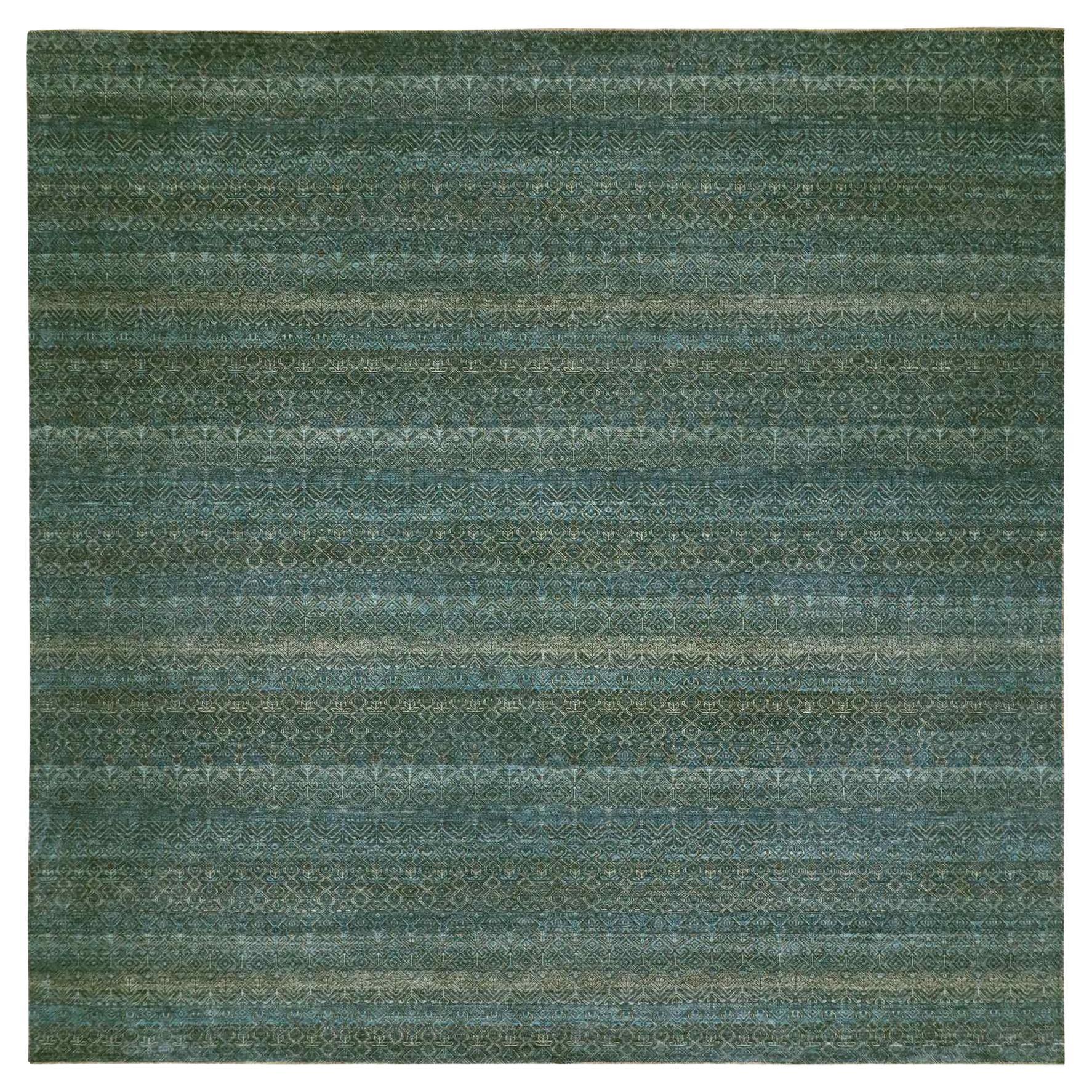 12'x12' Blue Hand Knotted Kohinoor Repetitive Diamond Wool XL Square Rug