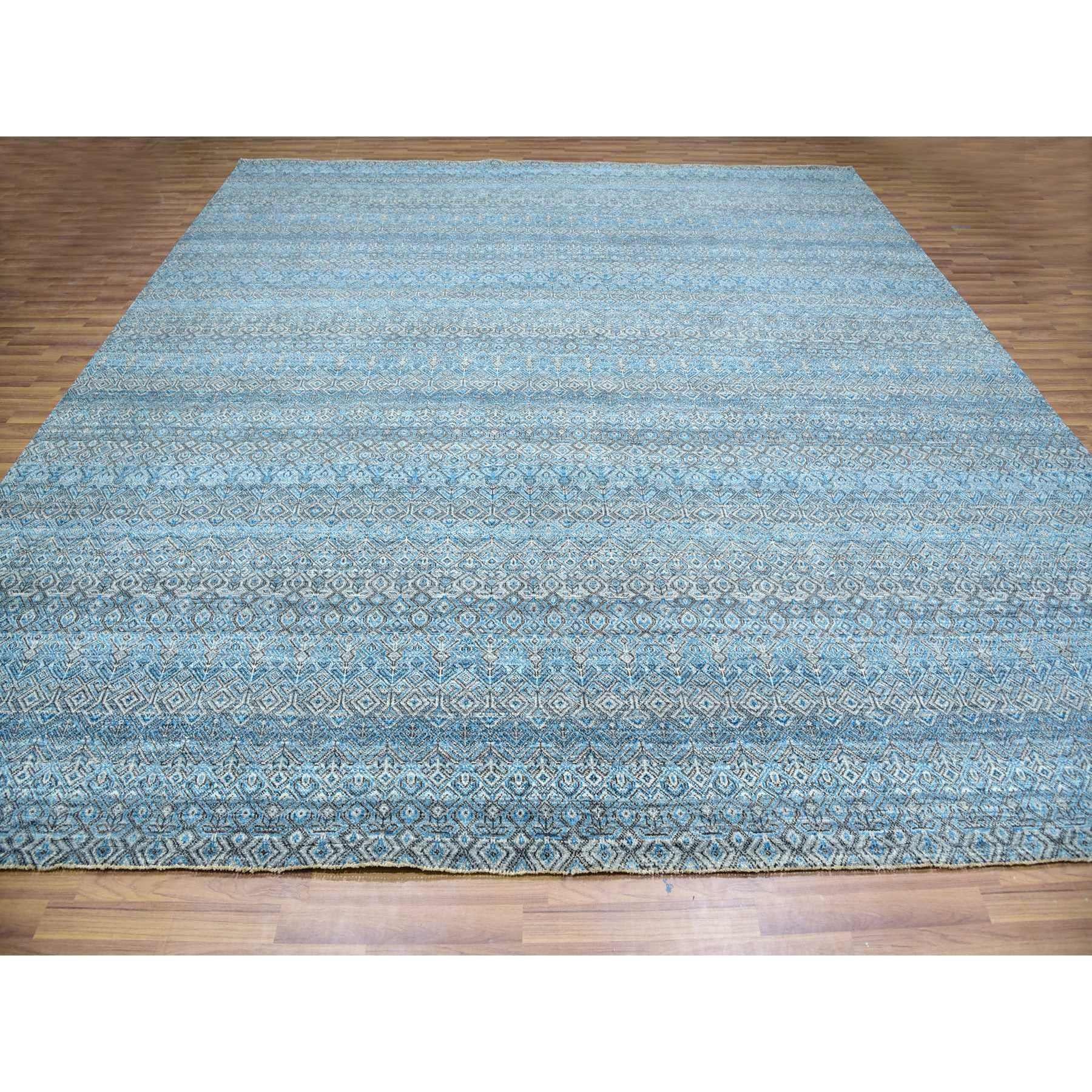 Sapphire Blue, Kohinoor Herat Small Geometric Repetitive Design, 100% Plush Wool, Hand Knotted, Square Oriental Rug
Primary materials: Wool
Latex: No Pile 
height: 0.25 Inches
Style: Transitional
Primary color: Blue
Secondary colors: Ivory, Black,