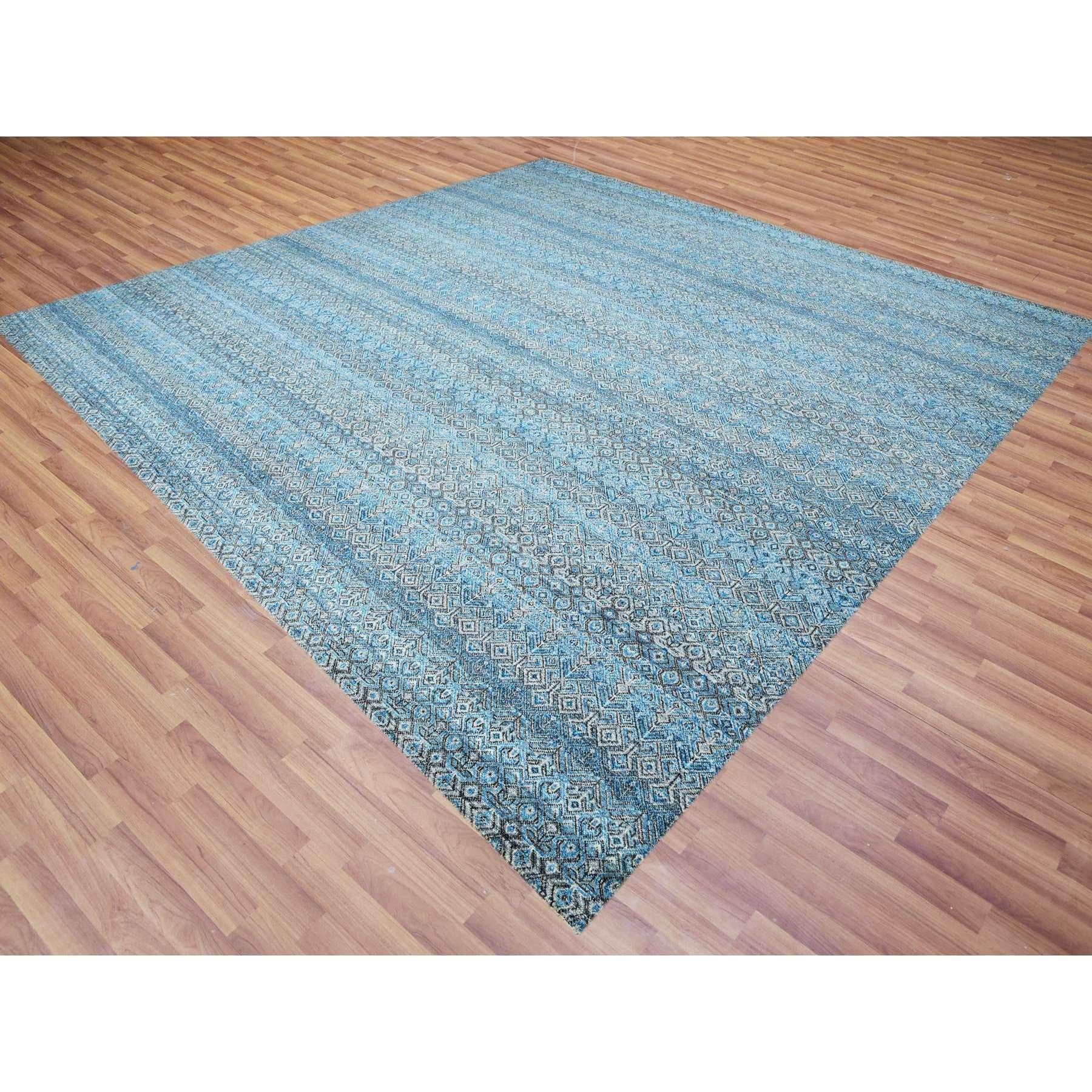 Modern 12'x12' Blue Kohinoor Herat Geometric Design Hand Knotted Wool Square Rug For Sale