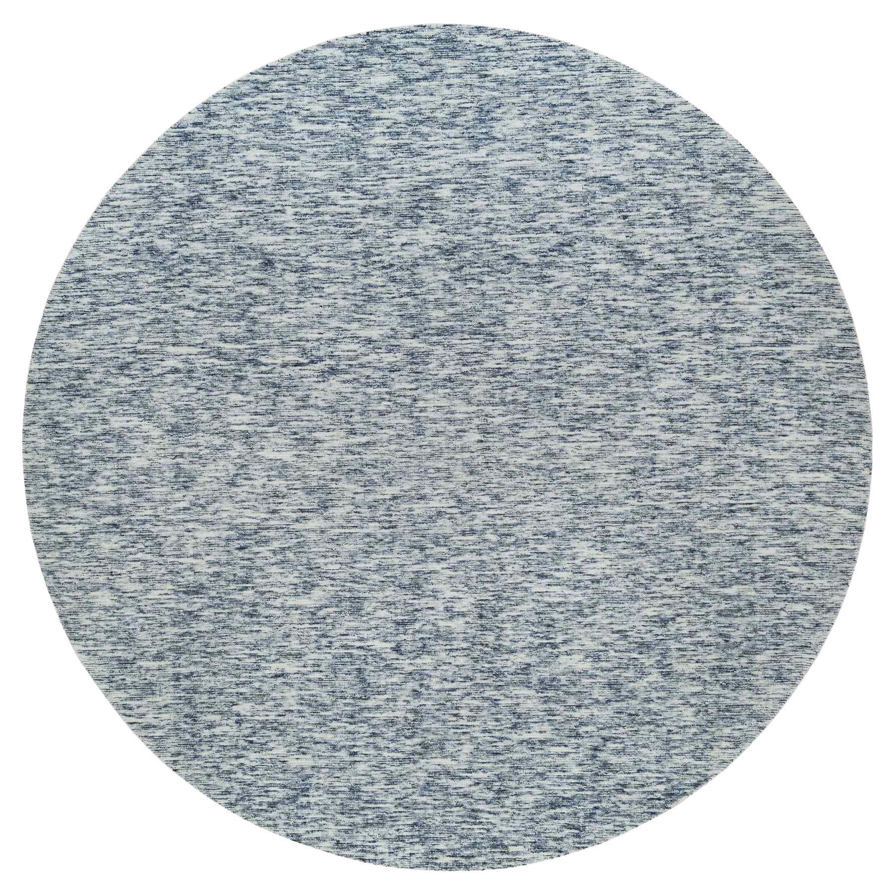 12'x12' Blau Modern Striae Design Runder Teppich aus reiner Wolle, handgewebt im Angebot