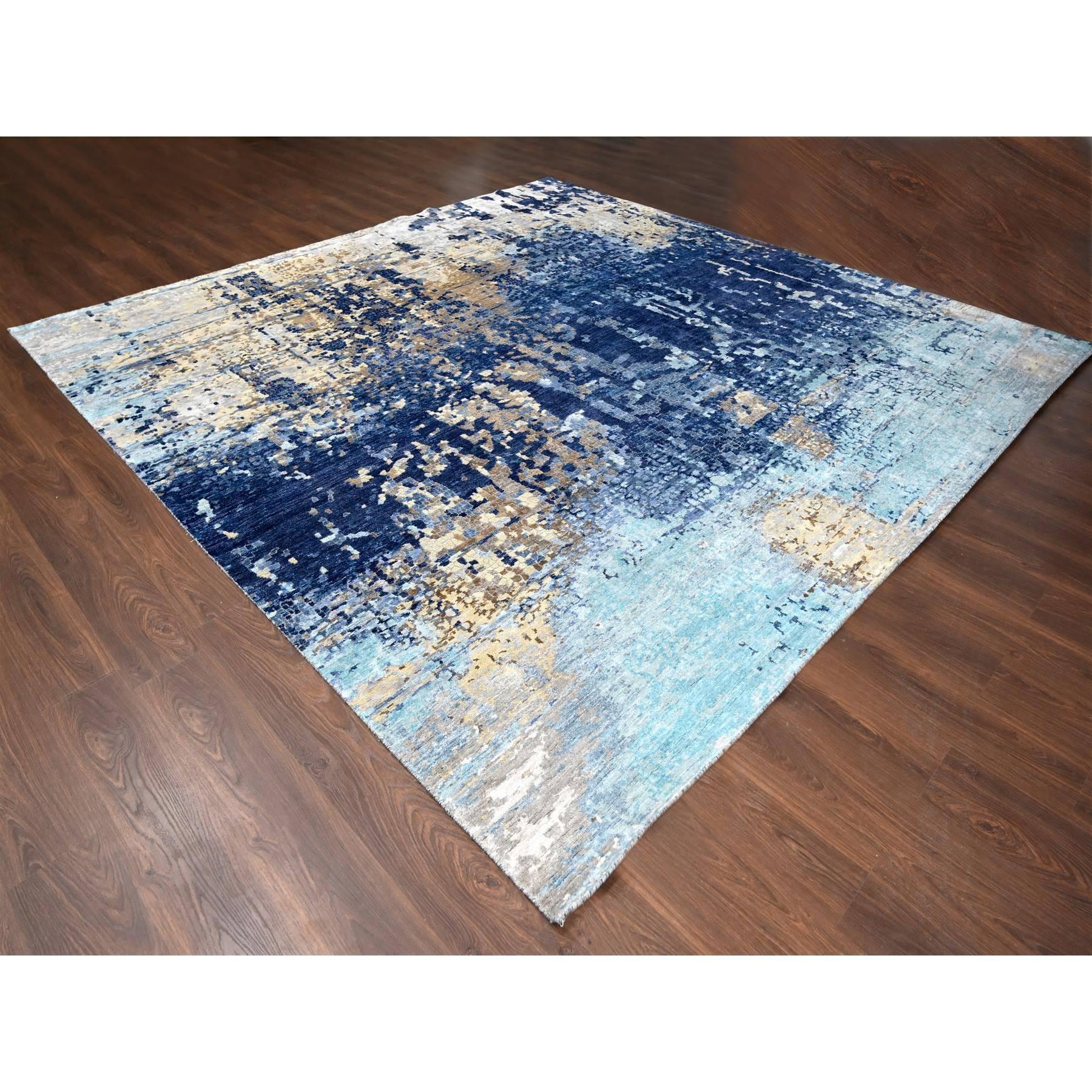 Moderno 12'x12' Brewers Blue Wool and Silk Mosaic Design annodato a mano Square Rugs in vendita