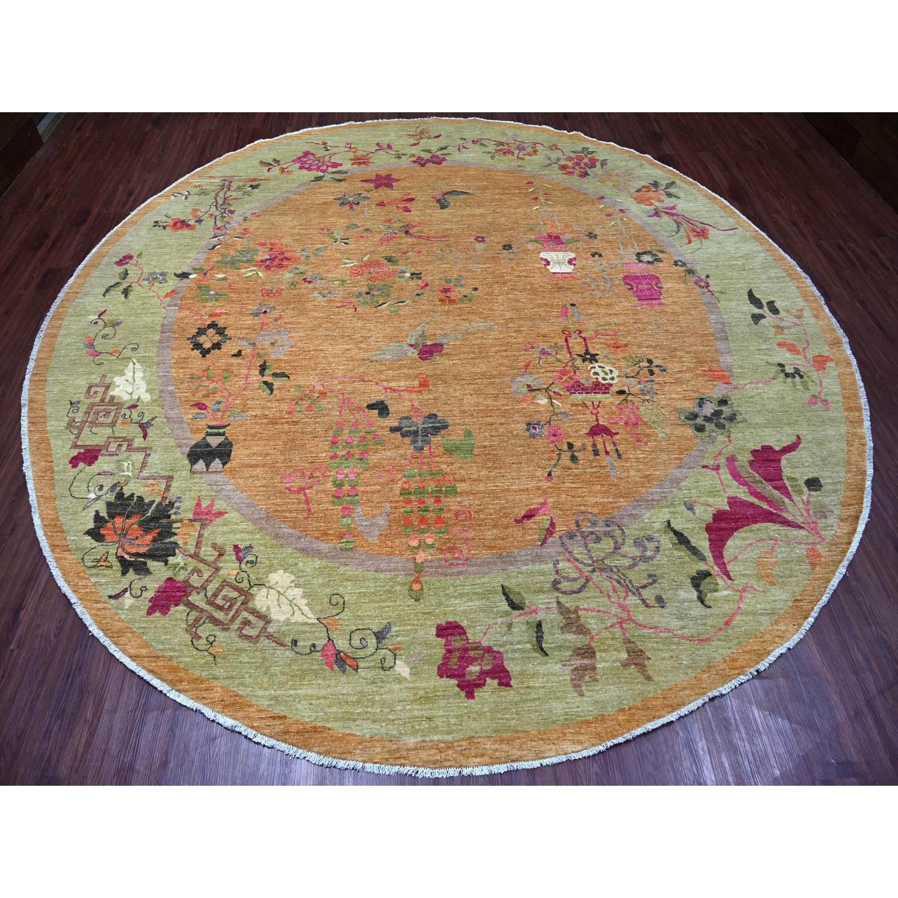 Copper Brown, Chinese Art Deco Inspired Peshawar, 100% Wool, Vegetable Dyes, Hand Knotted, Round, Oriental Rug
Primary materials: Wool
Latex: No Pile 
height: 0.25 Inches
Style: Transitional
Primary color: Brown
Secondary colors: Pink, Blue, Ivory,