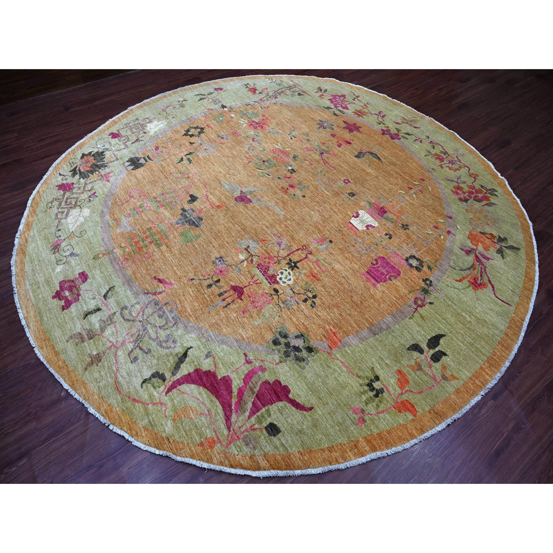 12'x12' Brown Chinese Art Deco Inspired Peshawar Hand Knotted Wool Round Rug Afgano en venta