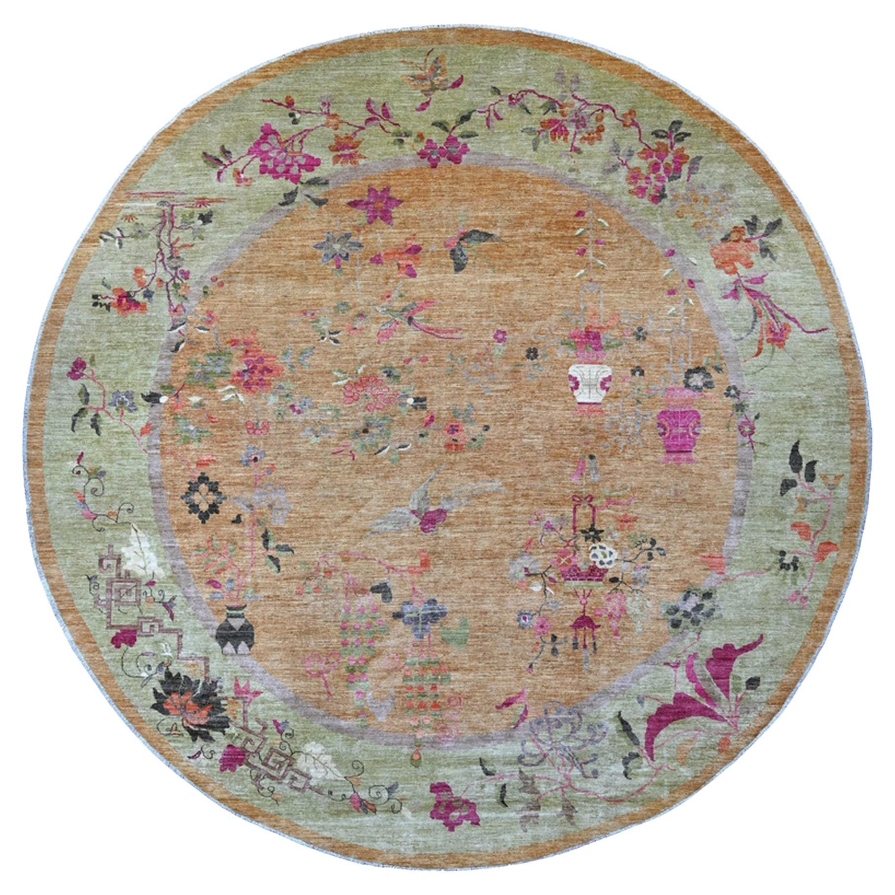 12
x12
 Brown Chinese Art Deco Inspired Peshawar Hand Knotted Wool Round Rug en venta