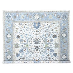 12'x12' Chiffon Bianco annodato a mano Oushak con motivi floreali Tappeto quadrato in lana